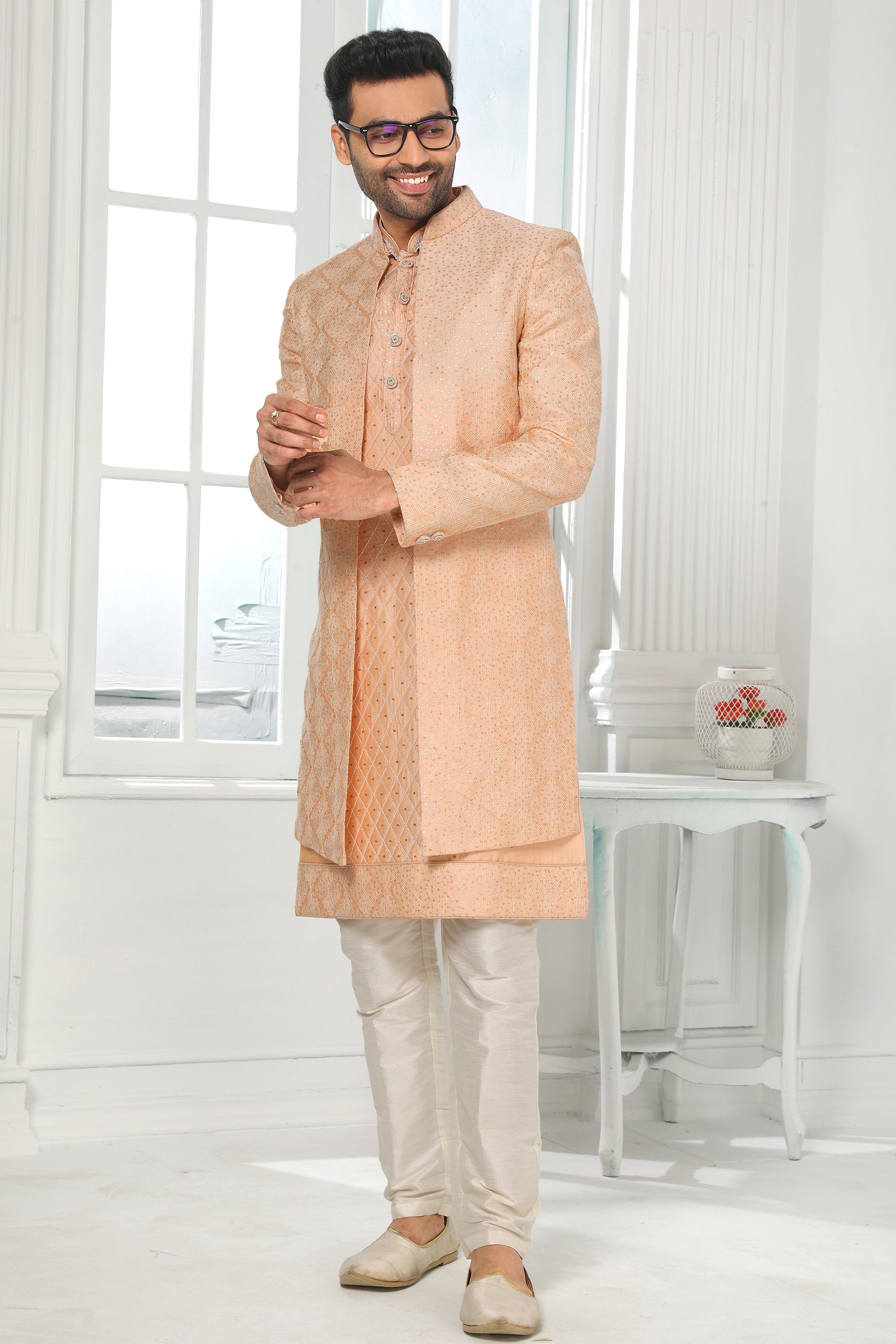 Peach Silk Kurta Pajama With Jacket-SAR11433_3_SareeButa.com