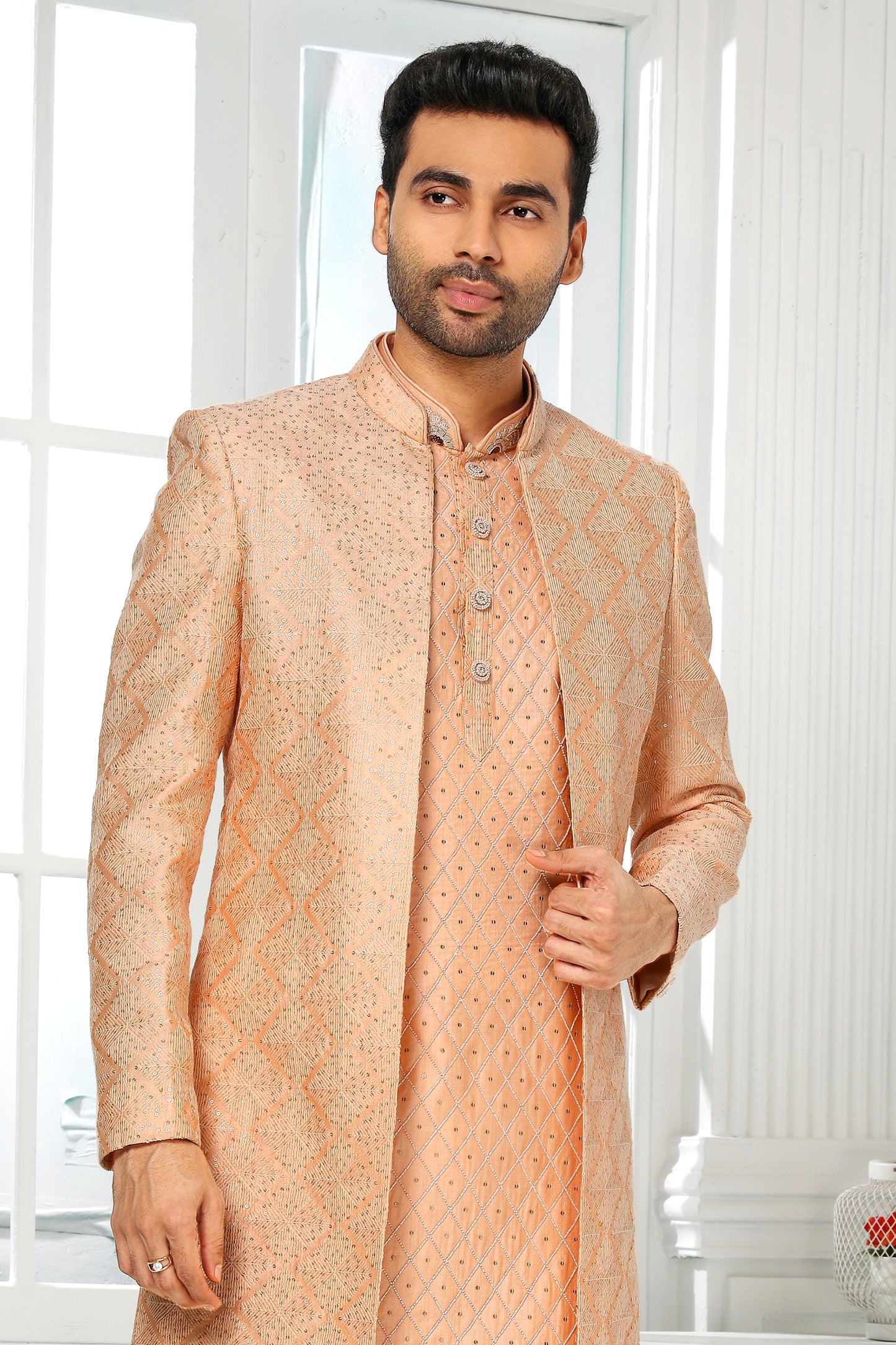 Peach Silk Kurta Pajama With Jacket-SAR11433_4_SareeButa.com