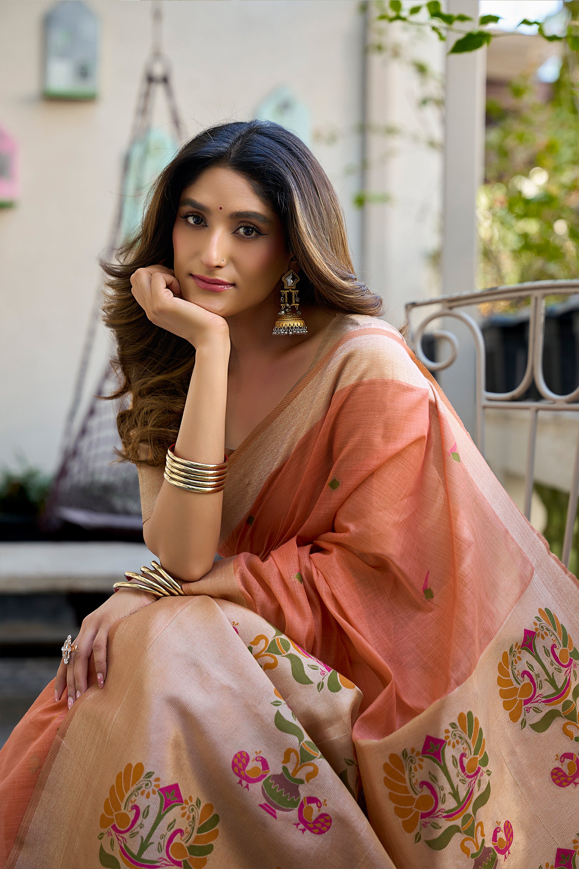 Peach Woven Cotton Saree with Paithani Pallu-SAR12736_2_SareeButa.com