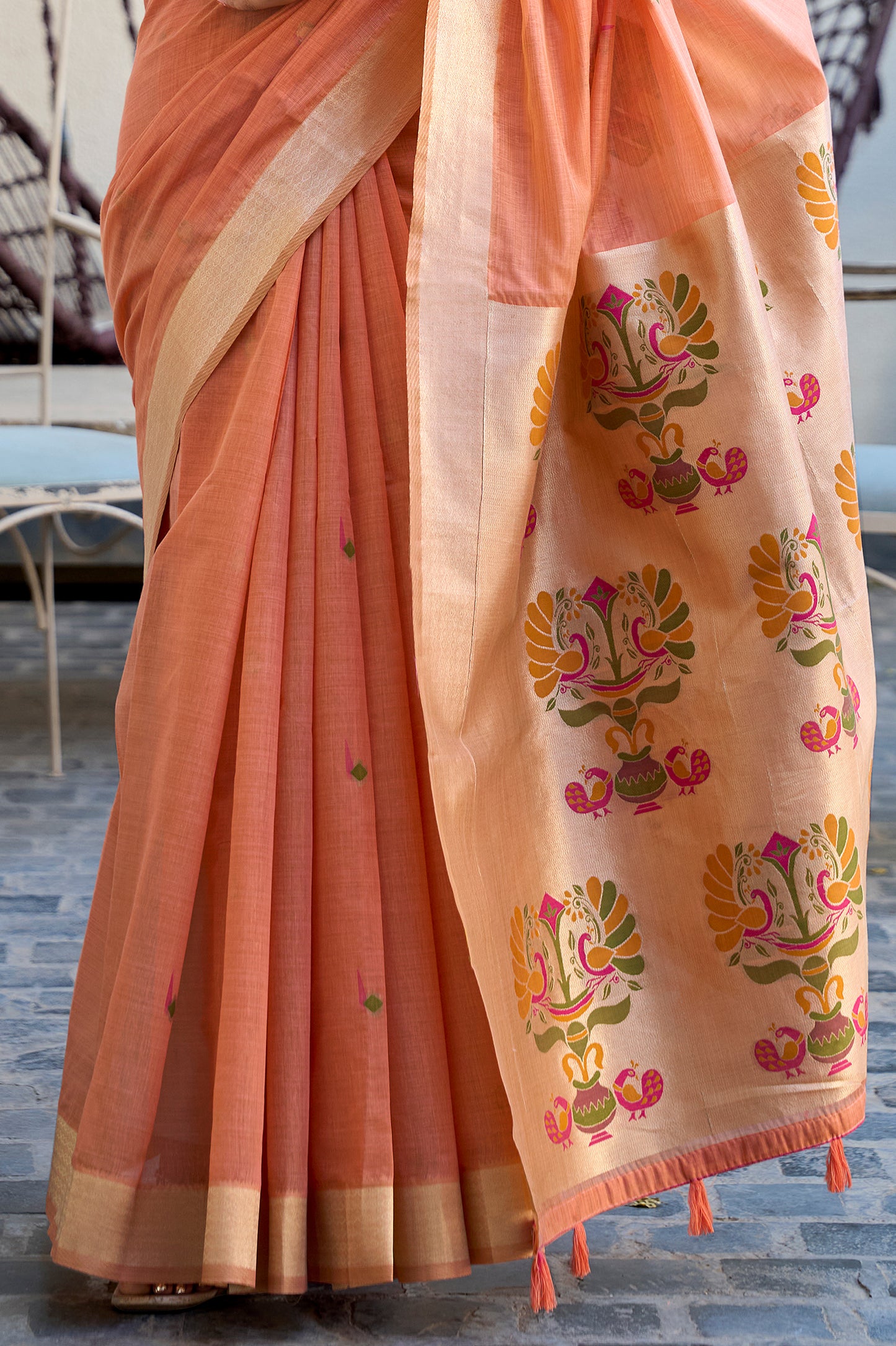 Peach Woven Cotton Saree with Paithani Pallu-SAR12736_5_SareeButa.com