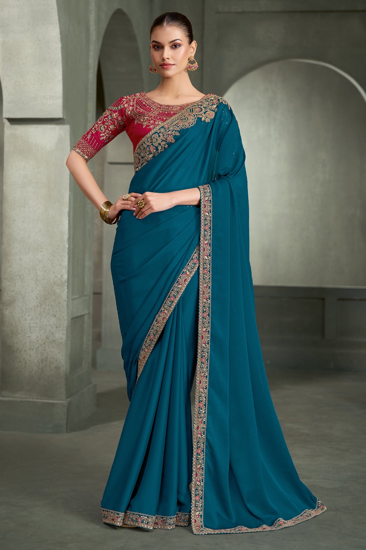 Peacock Blue Embroidered Crepe Silk Saree-SAR13286_1_SareeButa.com