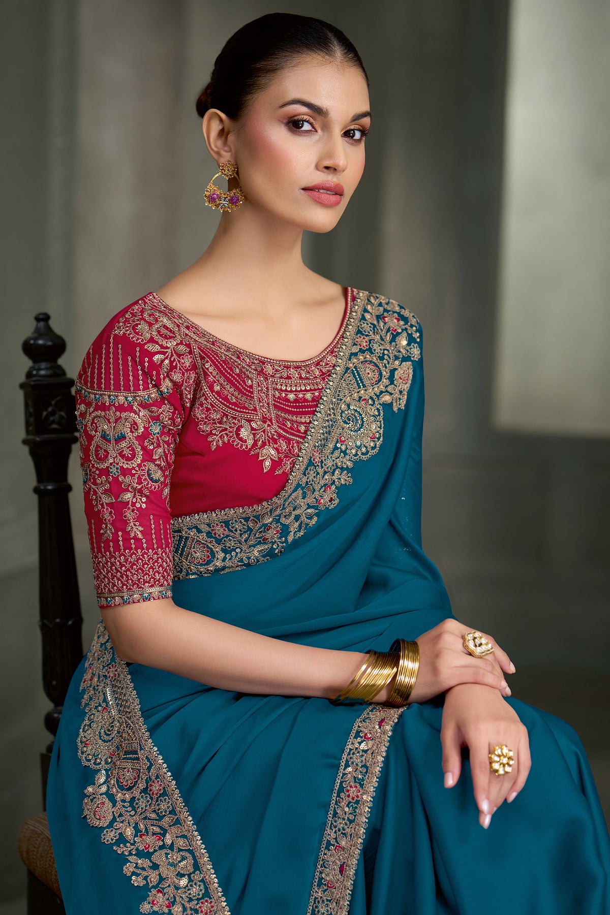 Peacock Blue Embroidered Crepe Silk Saree-SAR13286_2_SareeButa.com