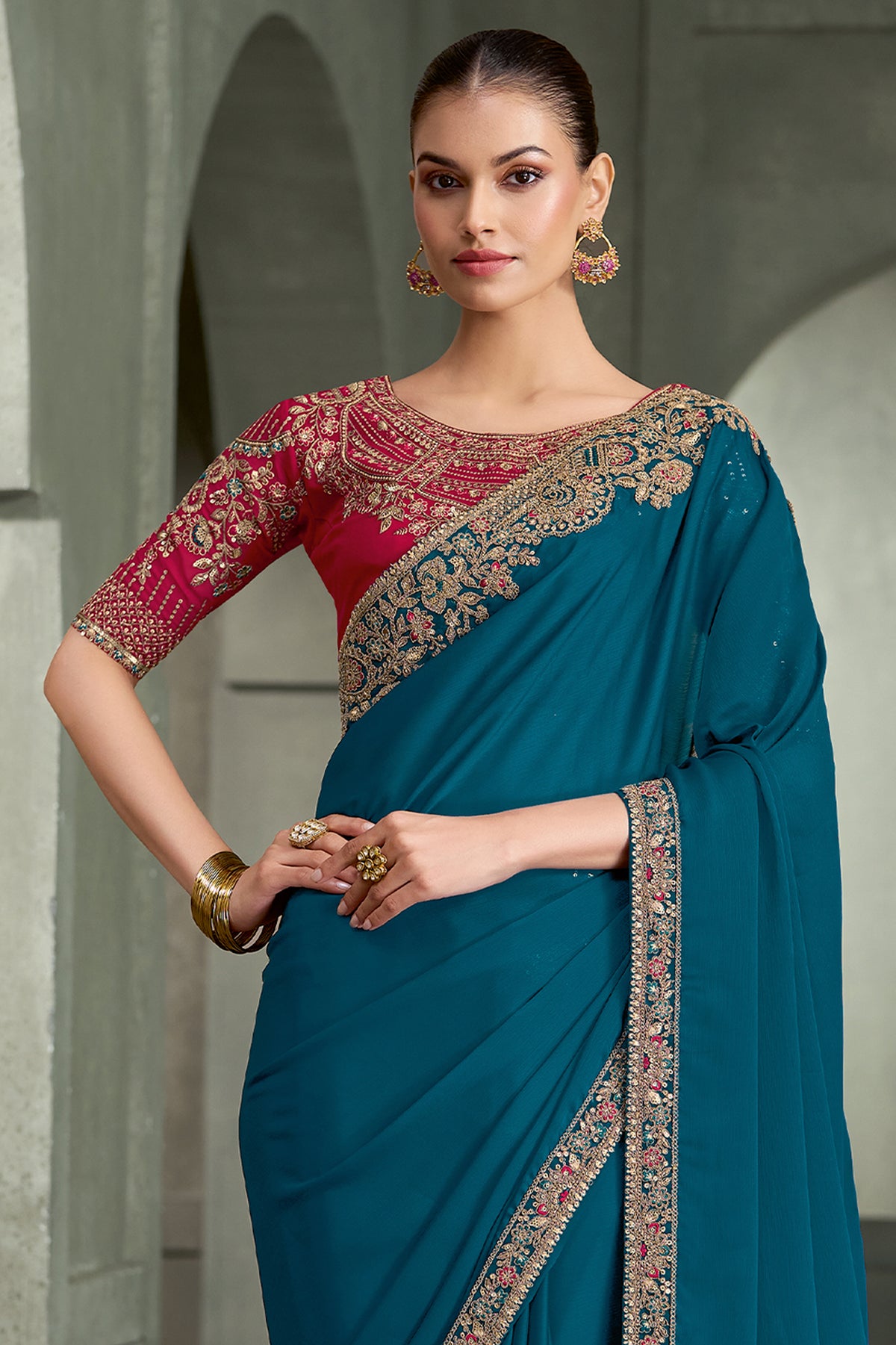 Peacock Blue Embroidered Crepe Silk Saree-SAR13286_3_SareeButa.com