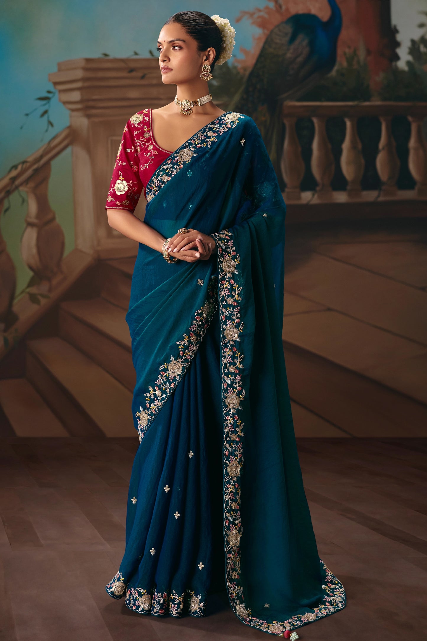Peacock Blue Embroidered Organza Saree-SAR12030_1_SareeButa.com