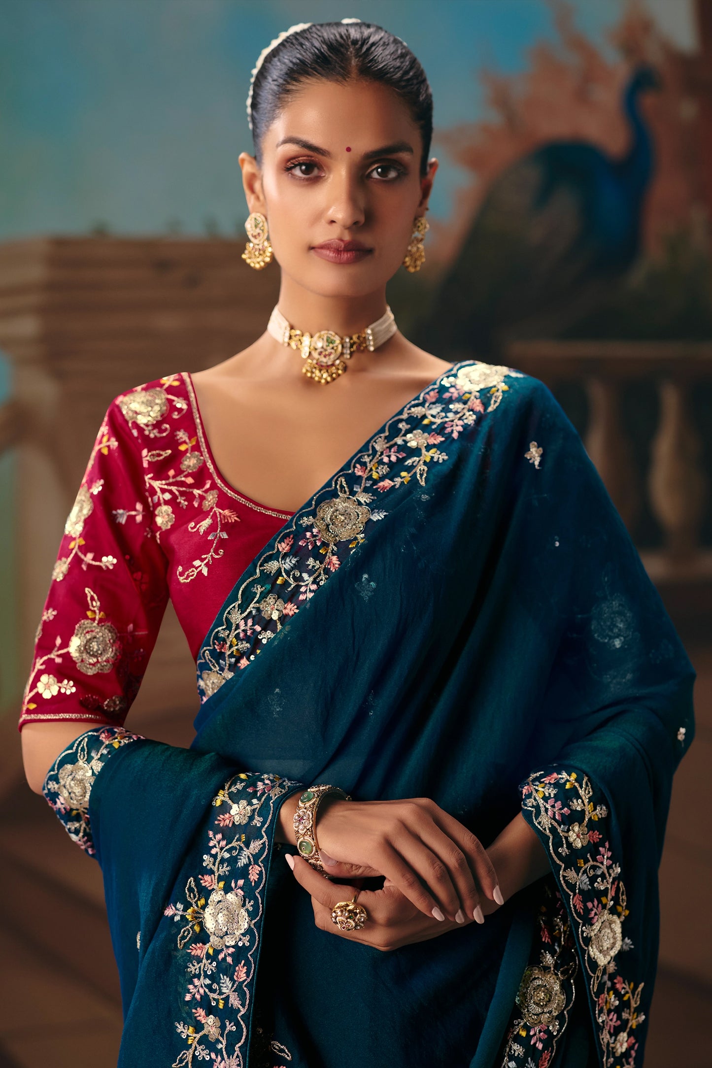 Peacock Blue Embroidered Organza Saree-SAR12030_2_SareeButa.com