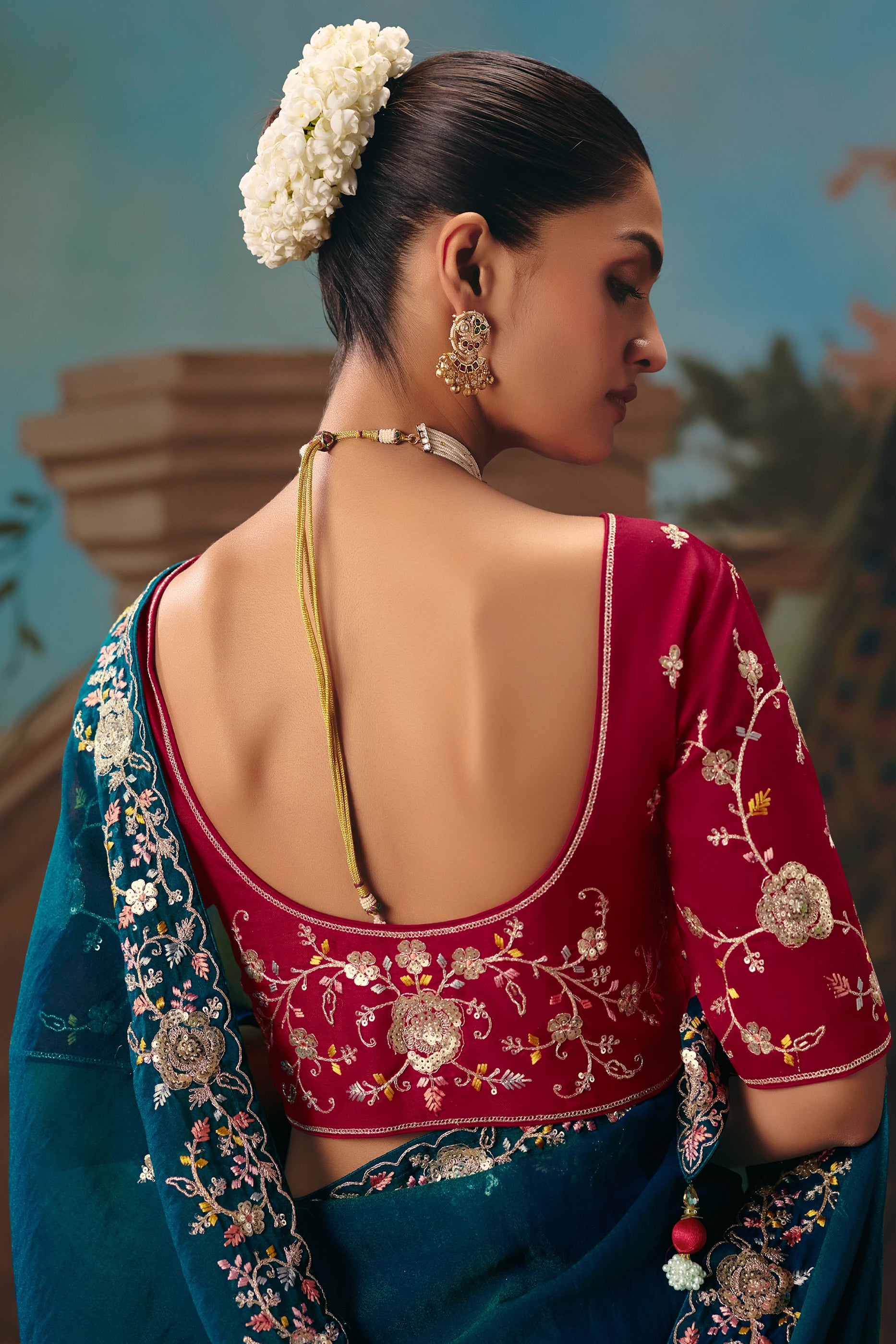 Peacock Blue Embroidered Organza Saree-SAR12030_4_SareeButa.com