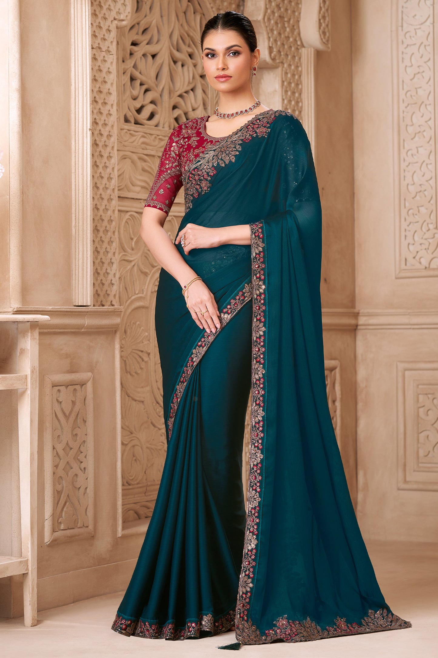 Peacock Blue Embroidered Satin Georgette Saree-SAR10598_1_SareeButa.com