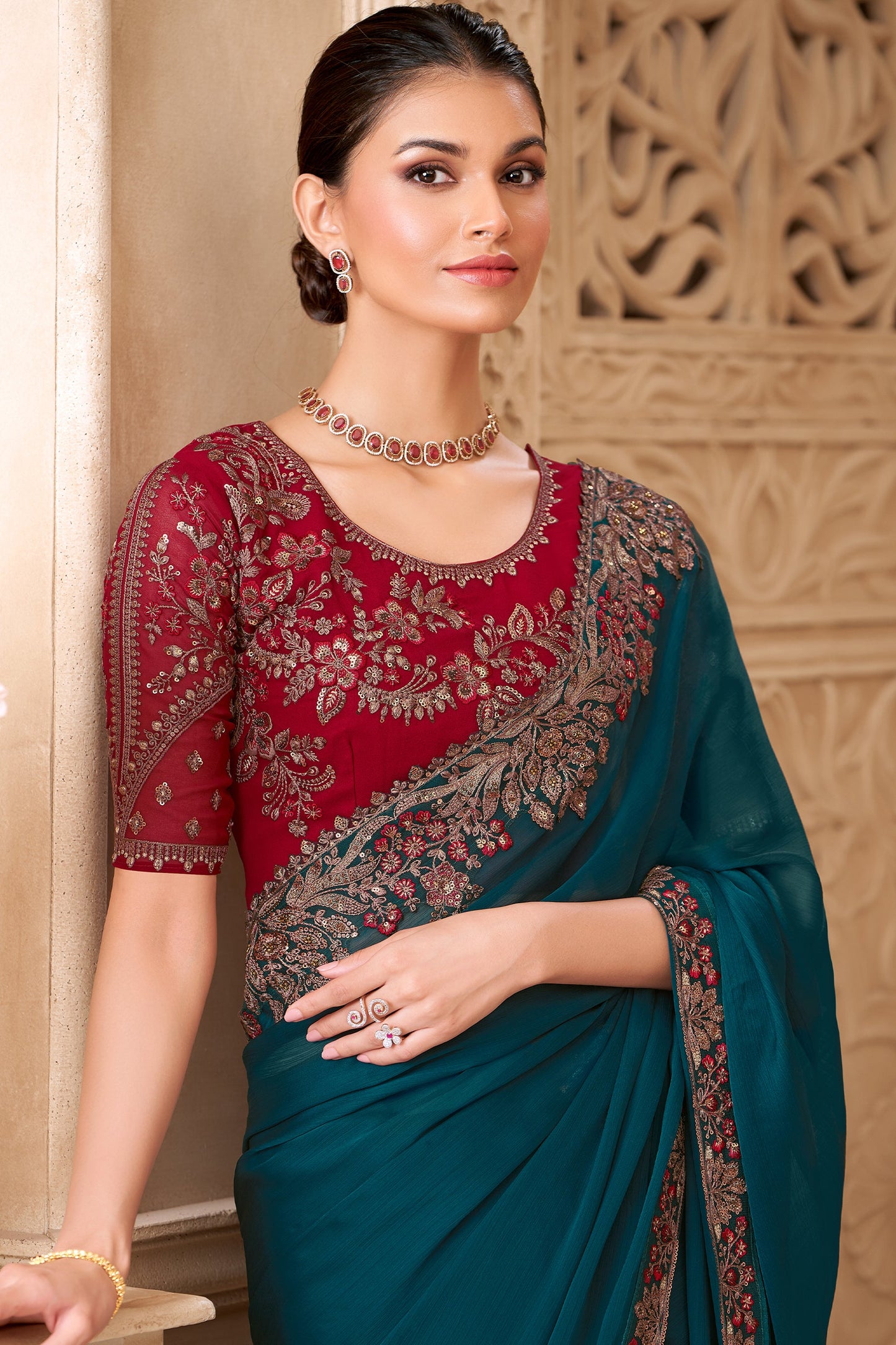 Peacock Blue Embroidered Satin Georgette Saree-SAR10598_2_SareeButa.com