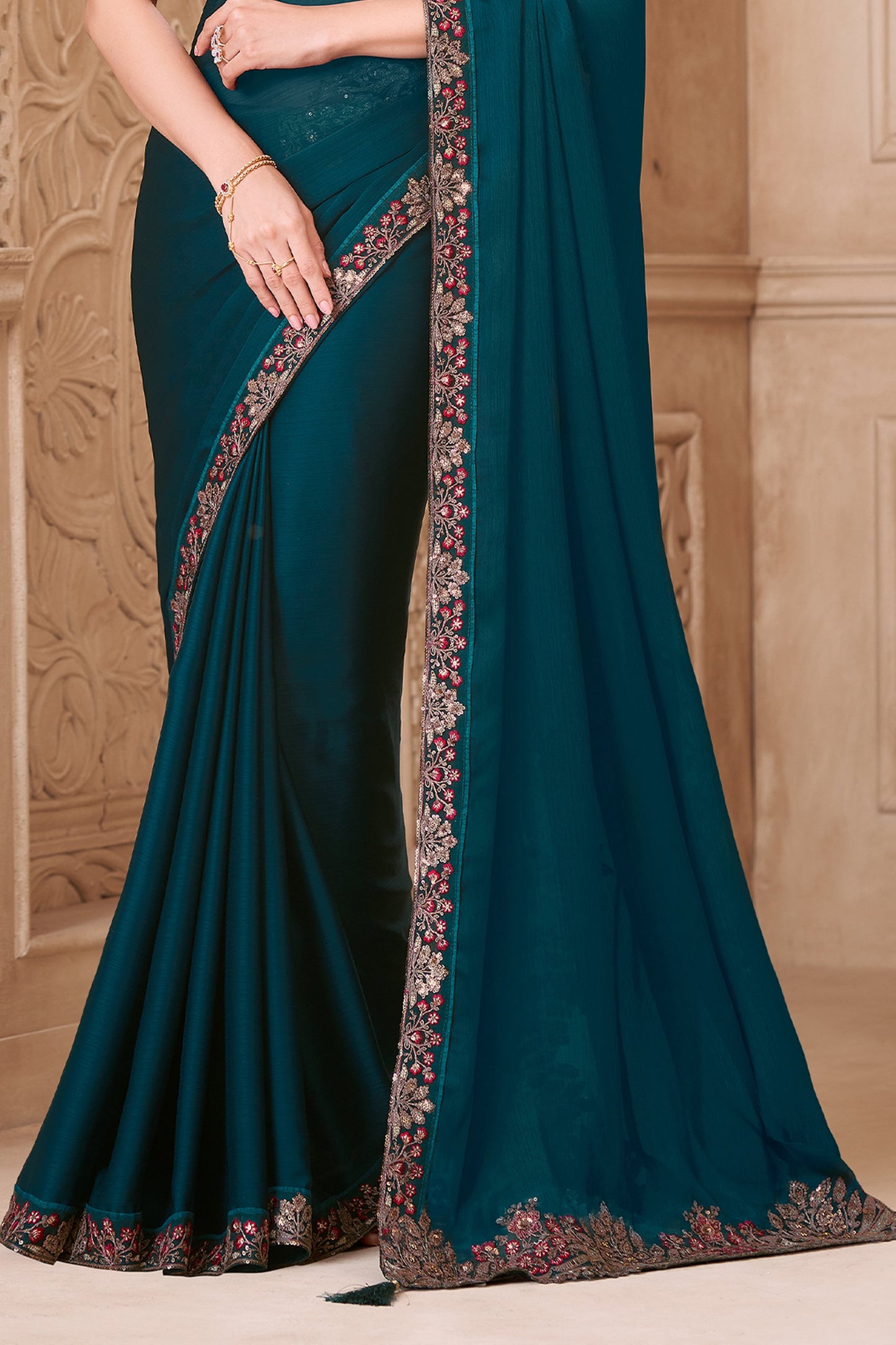 Peacock Blue Embroidered Satin Georgette Saree-SAR10598_4_SareeButa.com