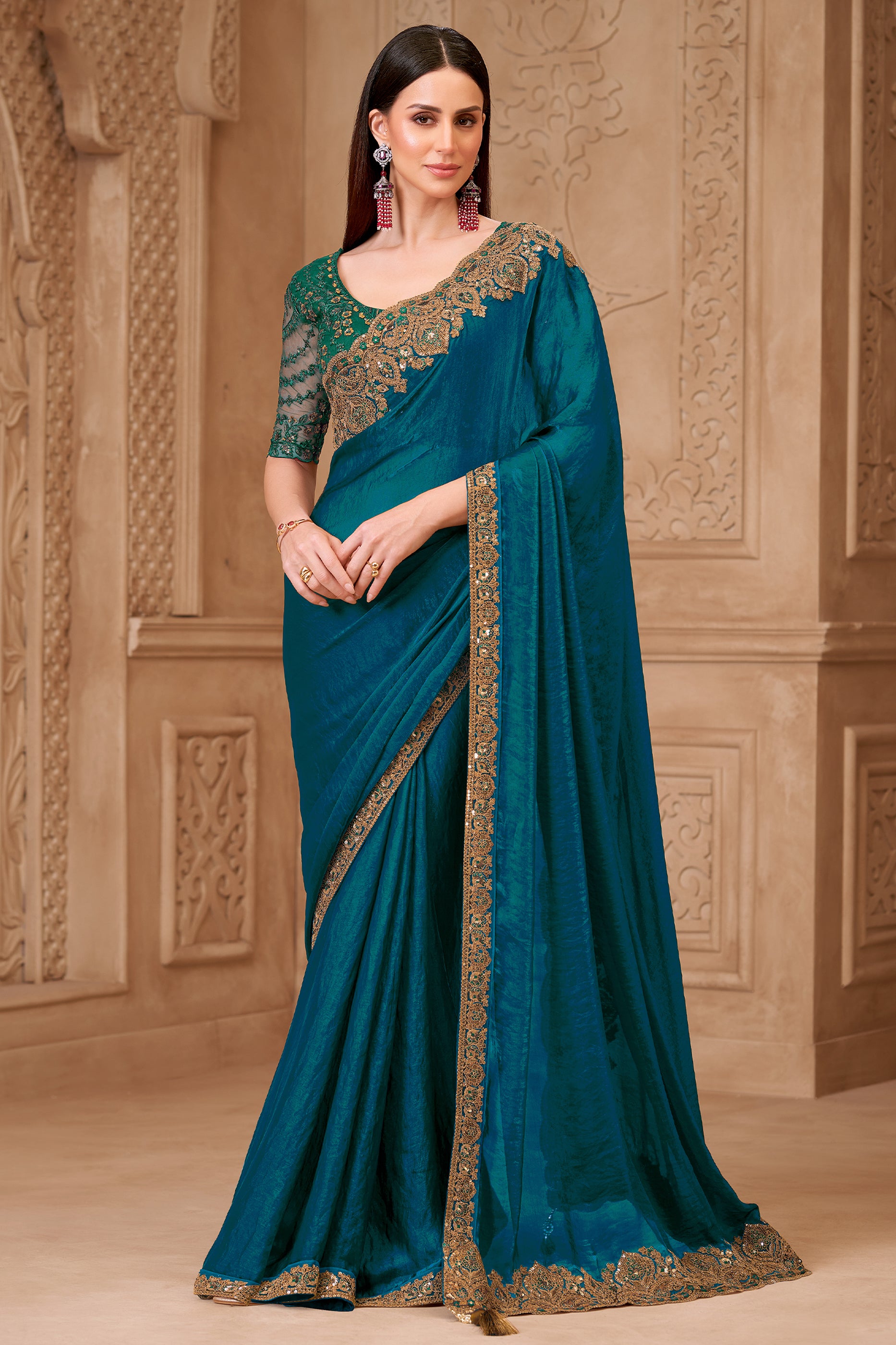 Peacock Blue Embroidered Satin Georgette Saree-SAR12474_1_SareeButa.com