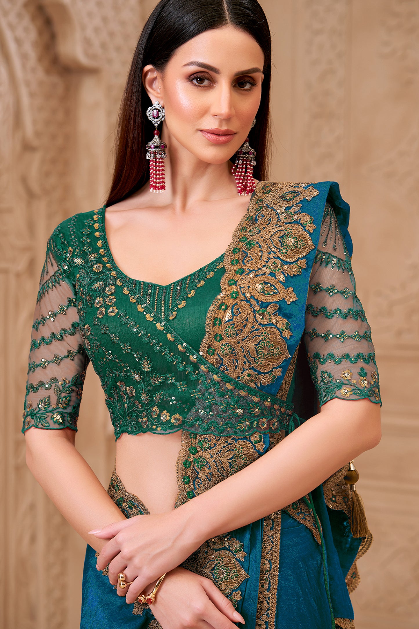 Peacock Blue Embroidered Satin Georgette Saree-SAR12474_2_SareeButa.com