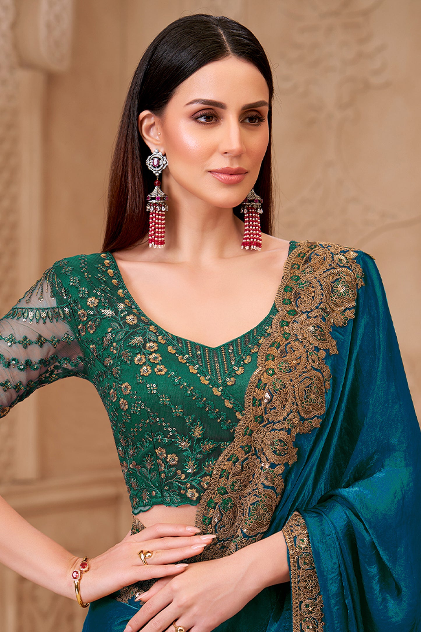Peacock Blue Embroidered Satin Georgette Saree-SAR12474_3_SareeButa.com
