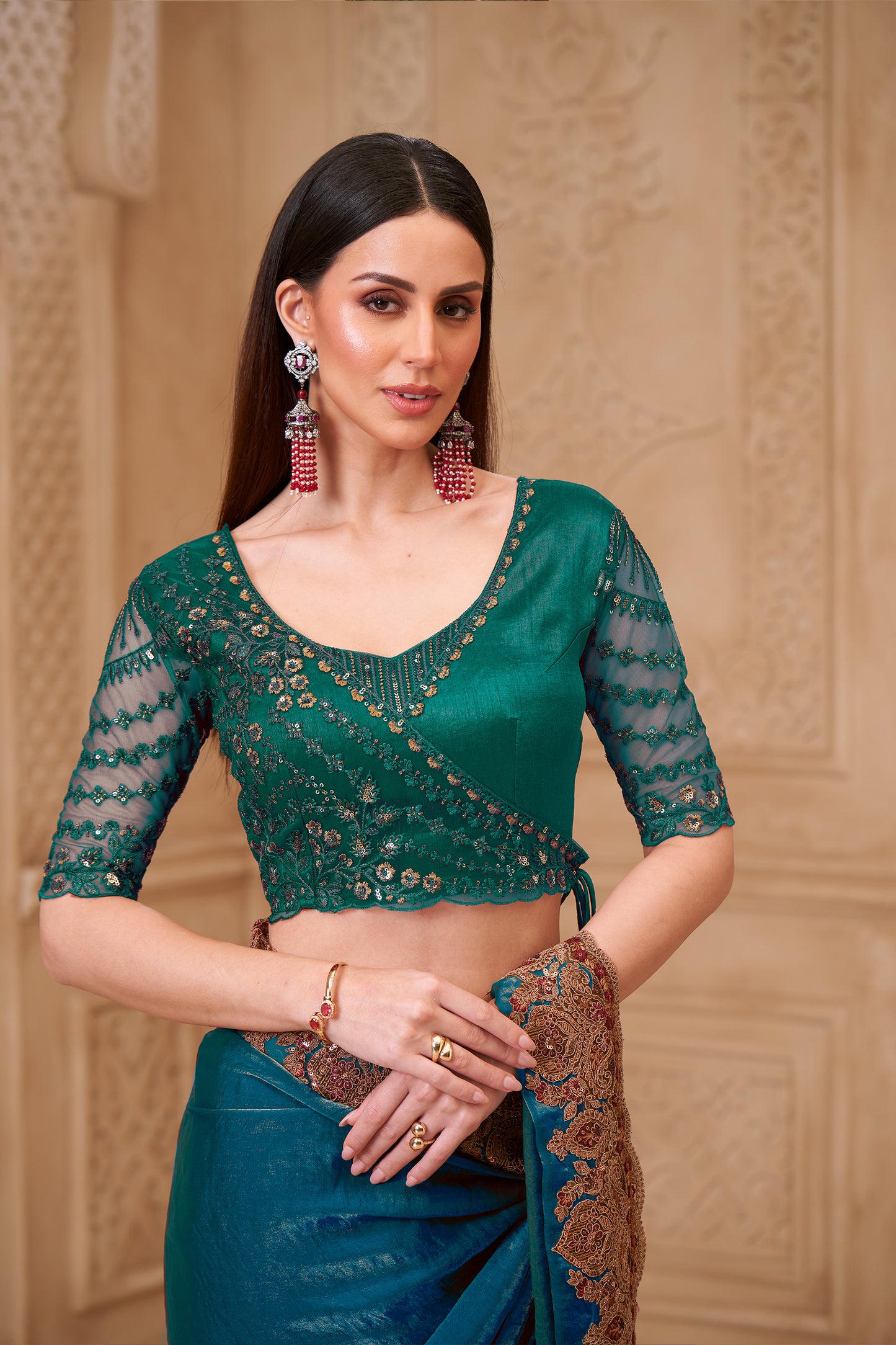Peacock Blue Embroidered Satin Georgette Saree-SAR12474_4_SareeButa.com