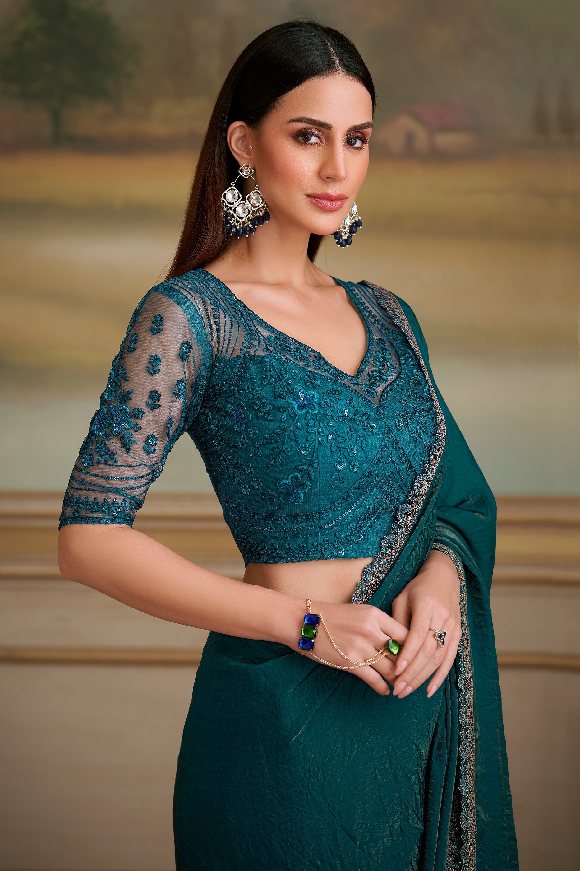 Peacock Green Embroidered Georgette Saree-SAR10837_2_SareeButa.com
