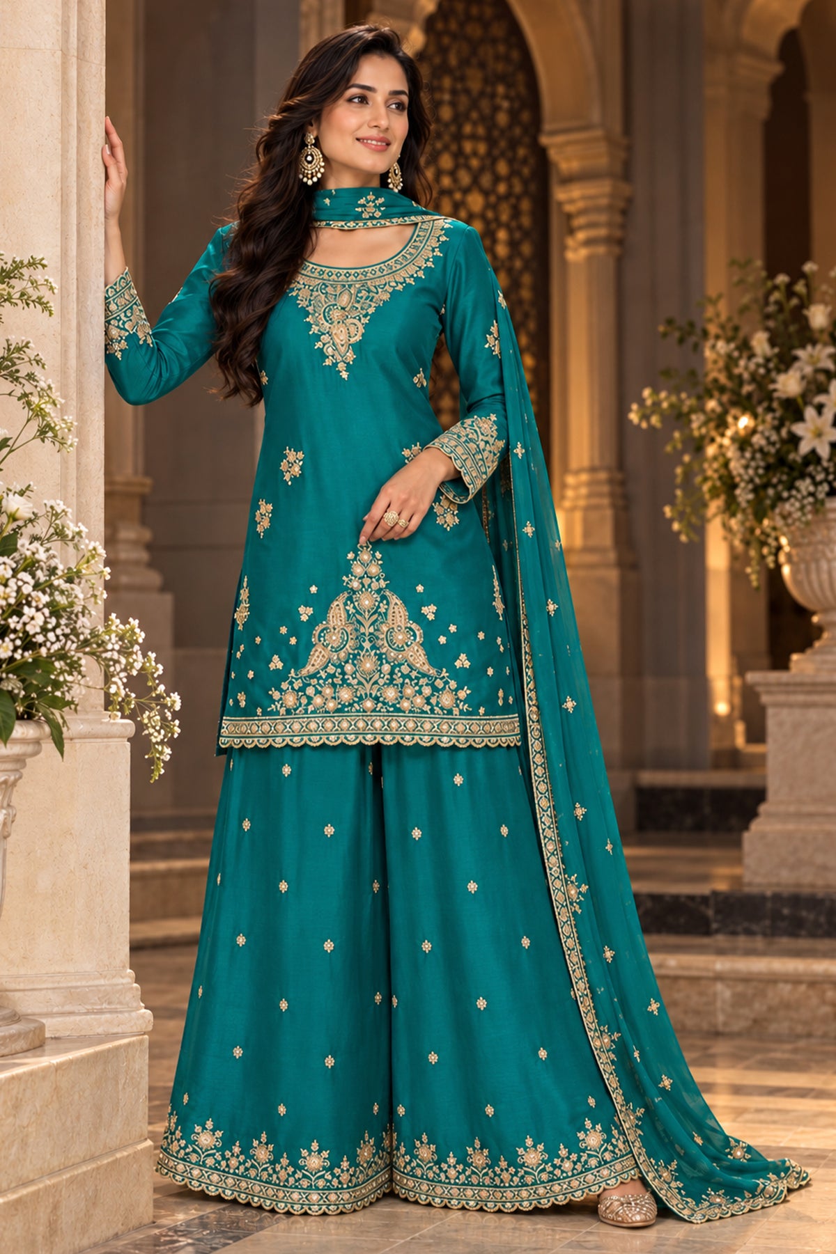 Peacock Teal Readymade Embroidered Chinon Suit-SAR13554_1_SareeButa.com