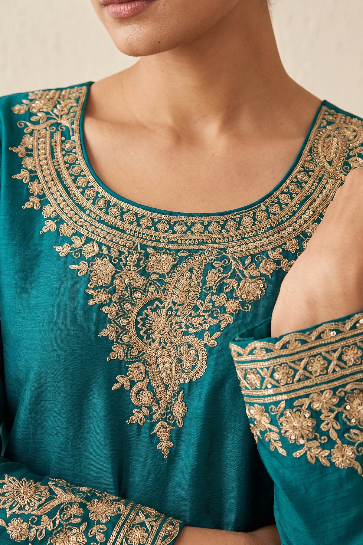 Peacock Teal Readymade Embroidered Chinon Suit-SAR13554_2_SareeButa.com