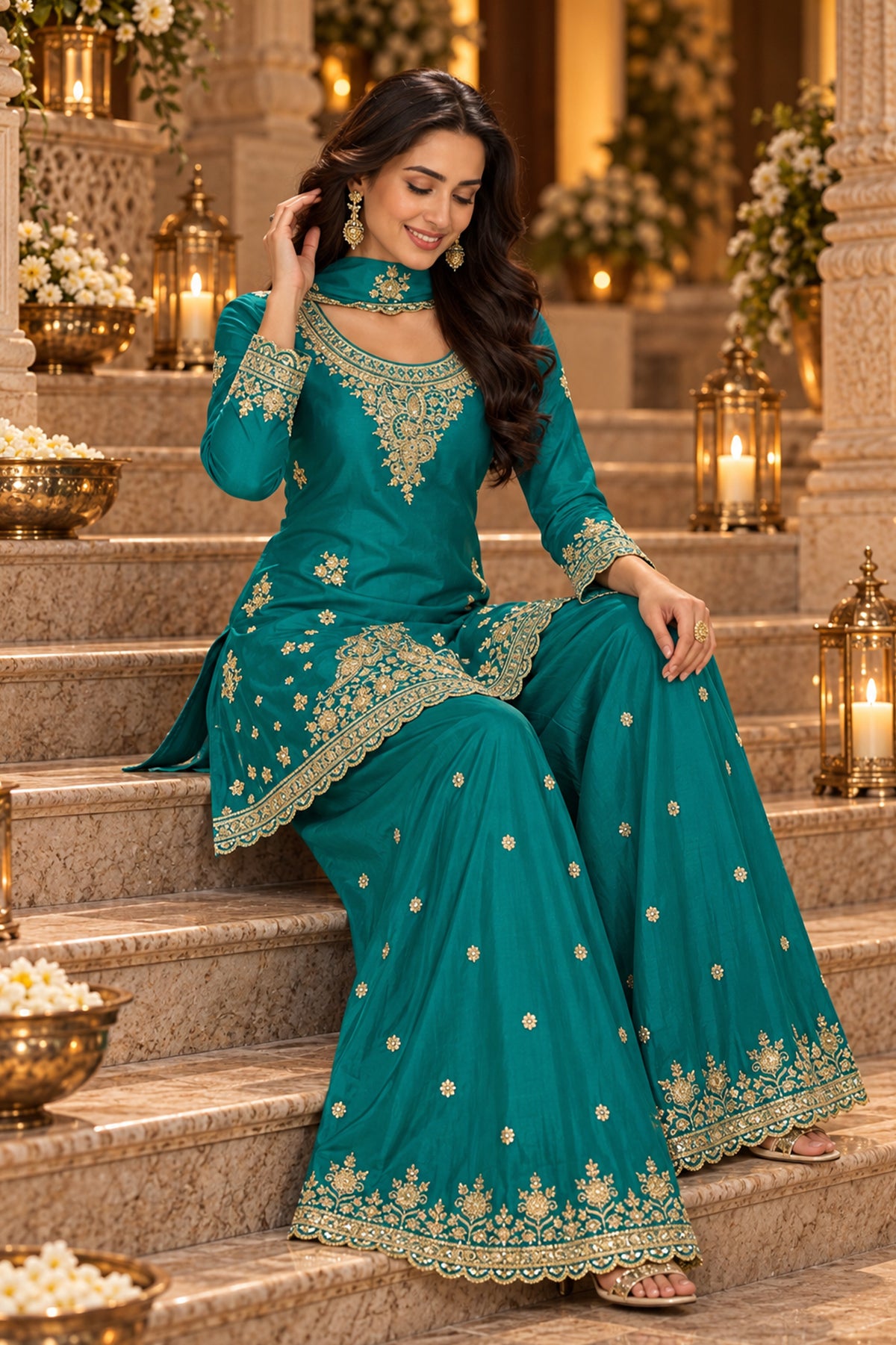 Peacock Teal Readymade Embroidered Chinon Suit-SAR13554_4_SareeButa.com