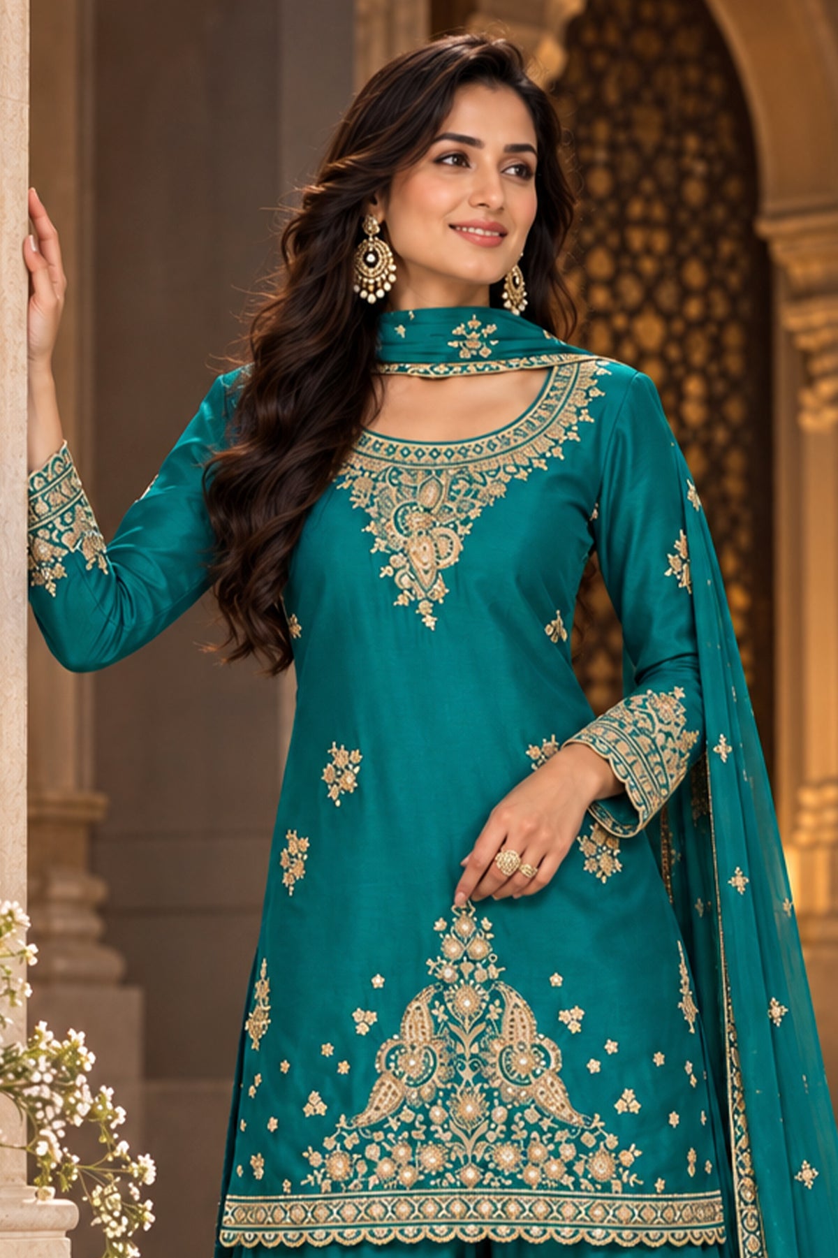 Peacock Teal Readymade Embroidered Chinon Suit-SAR13554_5_SareeButa.com