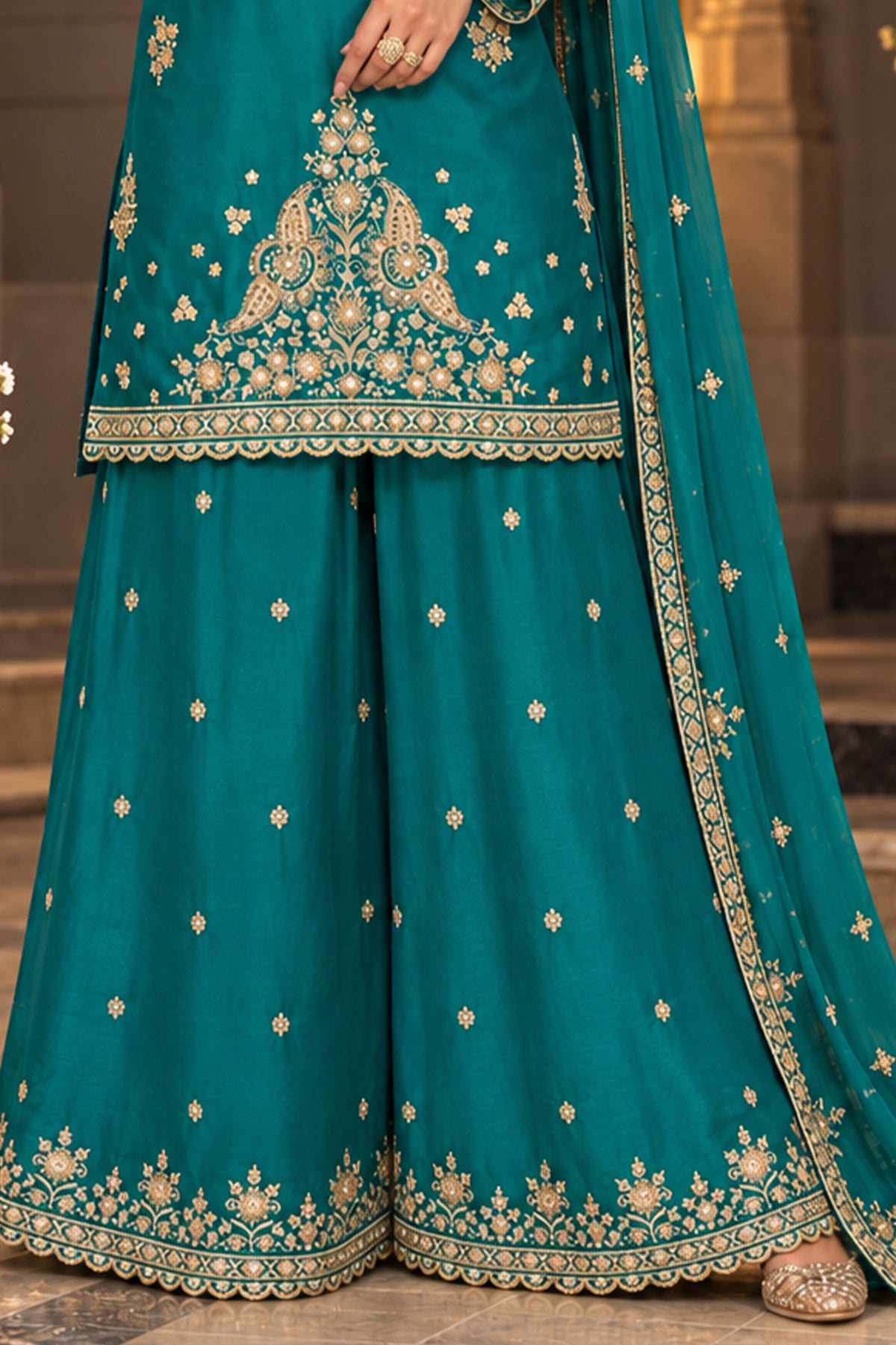 Peacock Teal Readymade Embroidered Chinon Suit-SAR13554_6_SareeButa.com