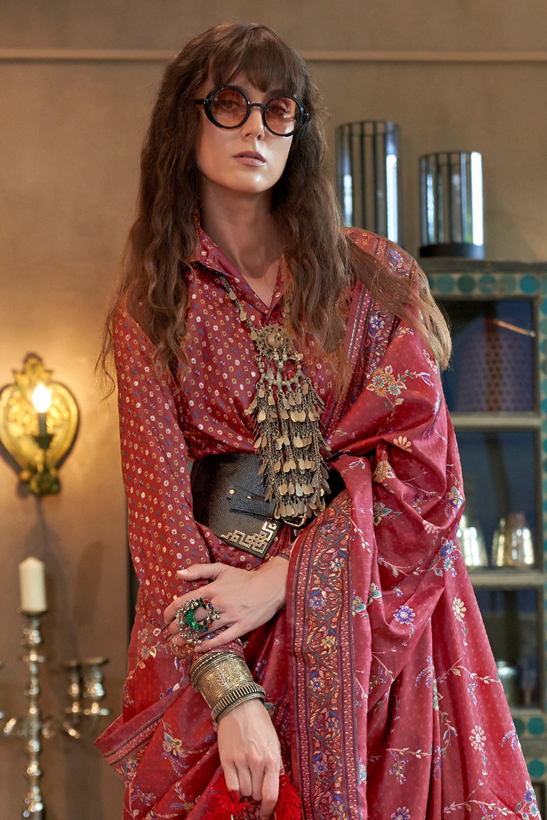 Persian Red Printed Silk Saree-SAR11302_3_SareeButa.com