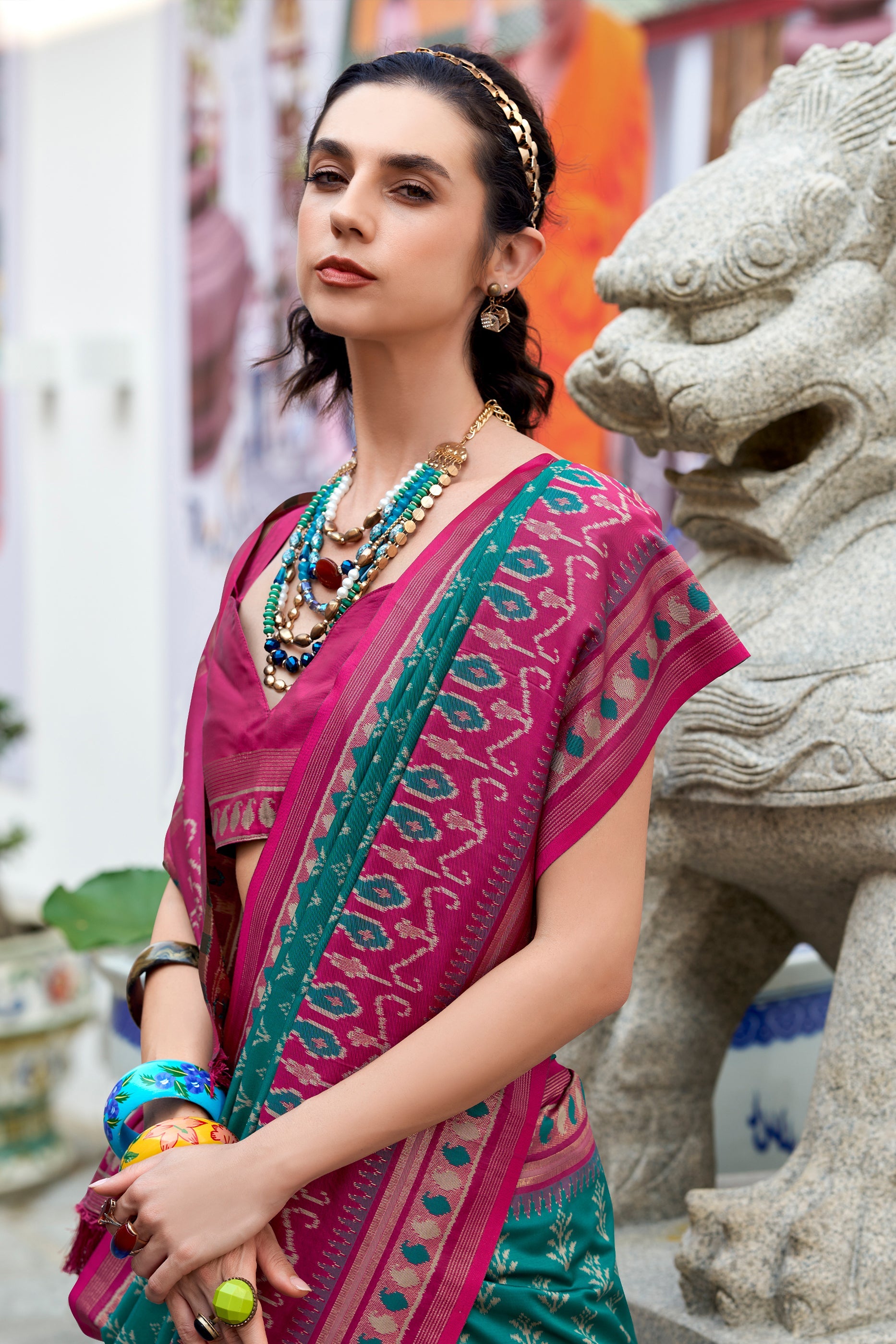 Pine Green Woven Soft Ikat Silk Saree-SAR10030_2_SareeButa.com