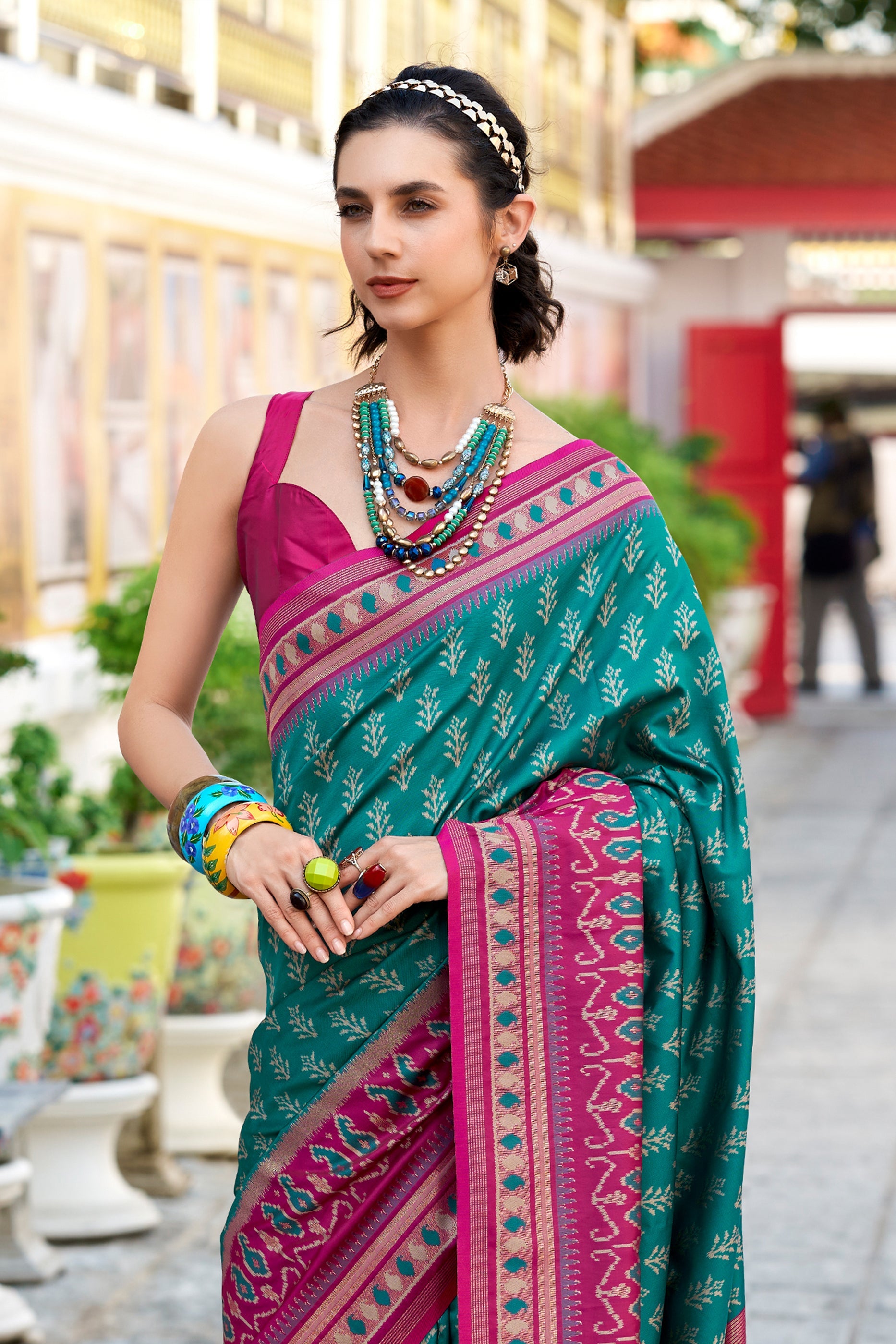 Pine Green Woven Soft Ikat Silk Saree-SAR10030_3_SareeButa.com