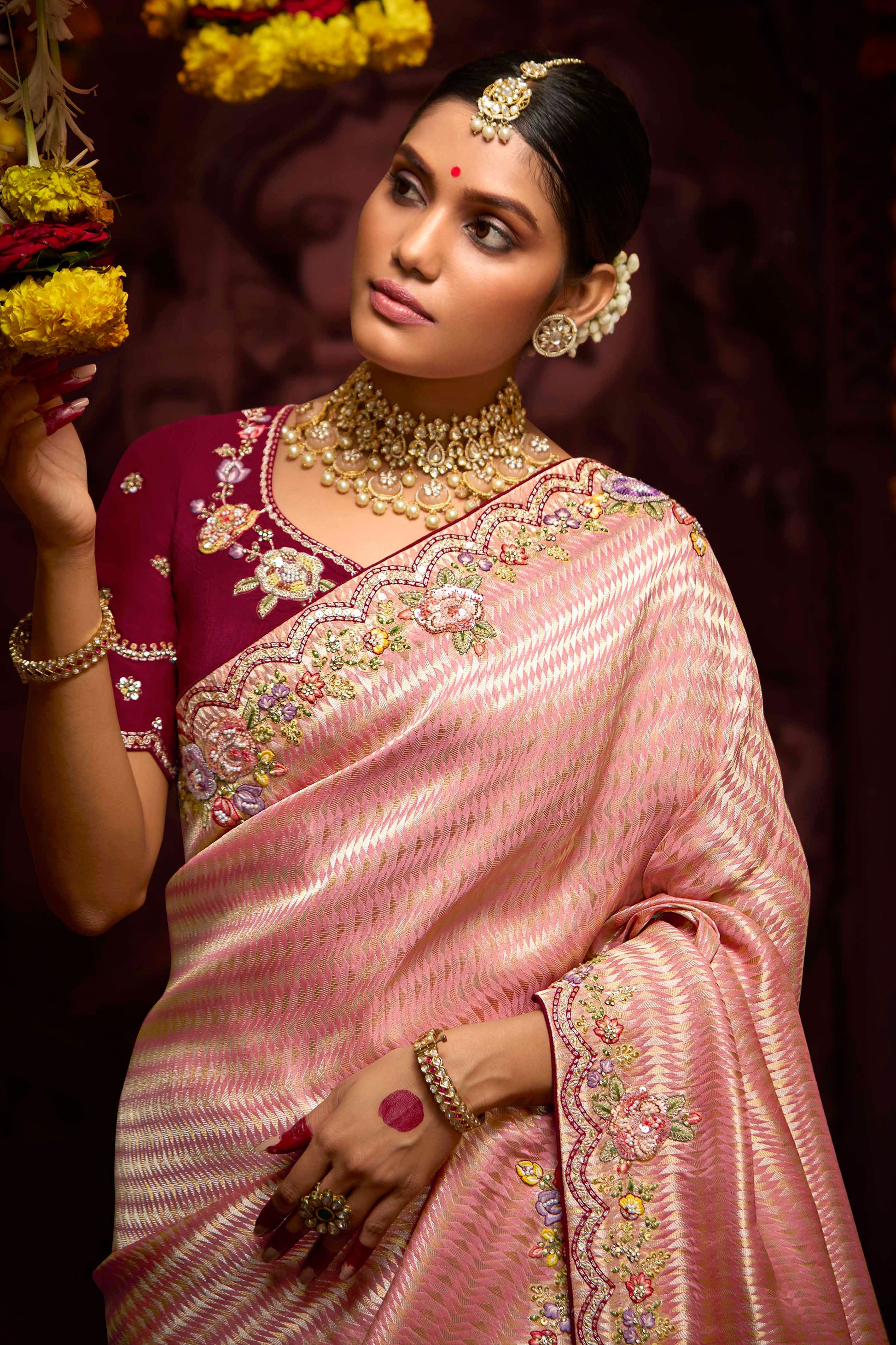 Pink Embroidered Banarasi Silk Saree-ZB133281_2_SareeButa.Com