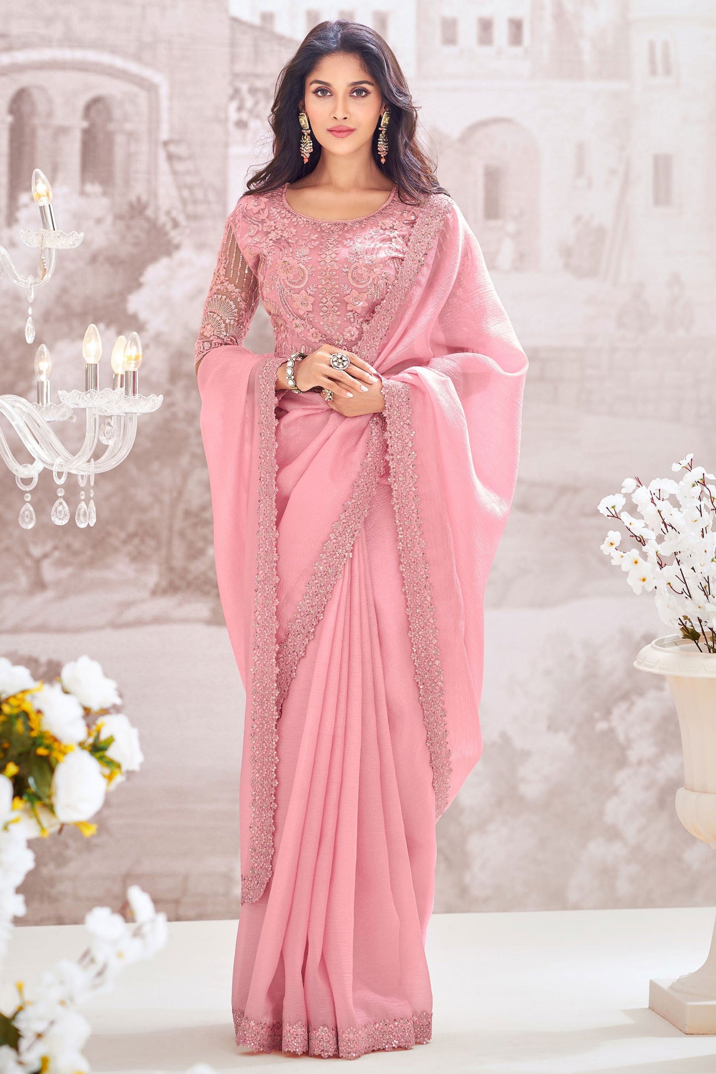 Pink Embroidered Chiffon Saree-ZB132526_1