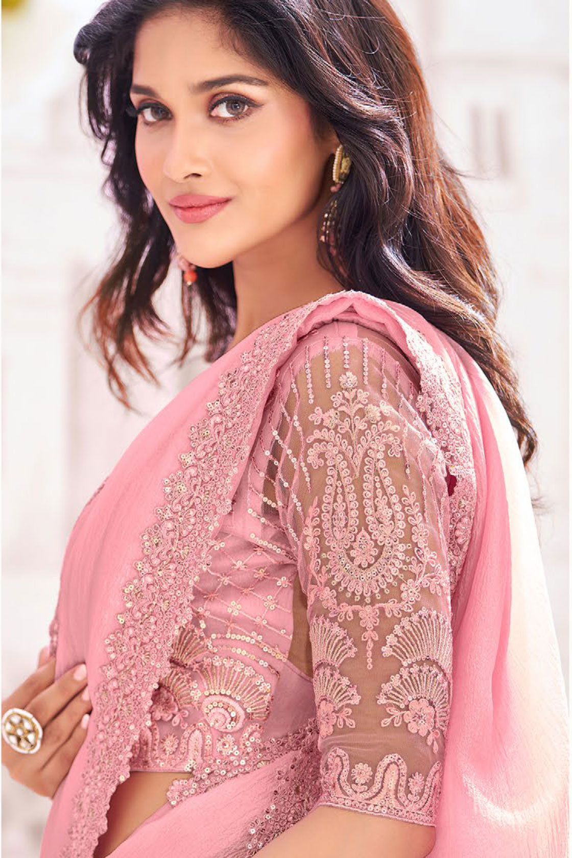 Pink Embroidered Chiffon Saree-ZB132526_3