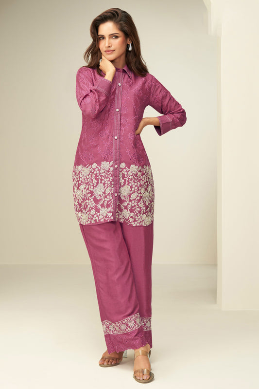 Pink Embroidered Chinon Co Ord Set-SS946_1_SareeButa.com