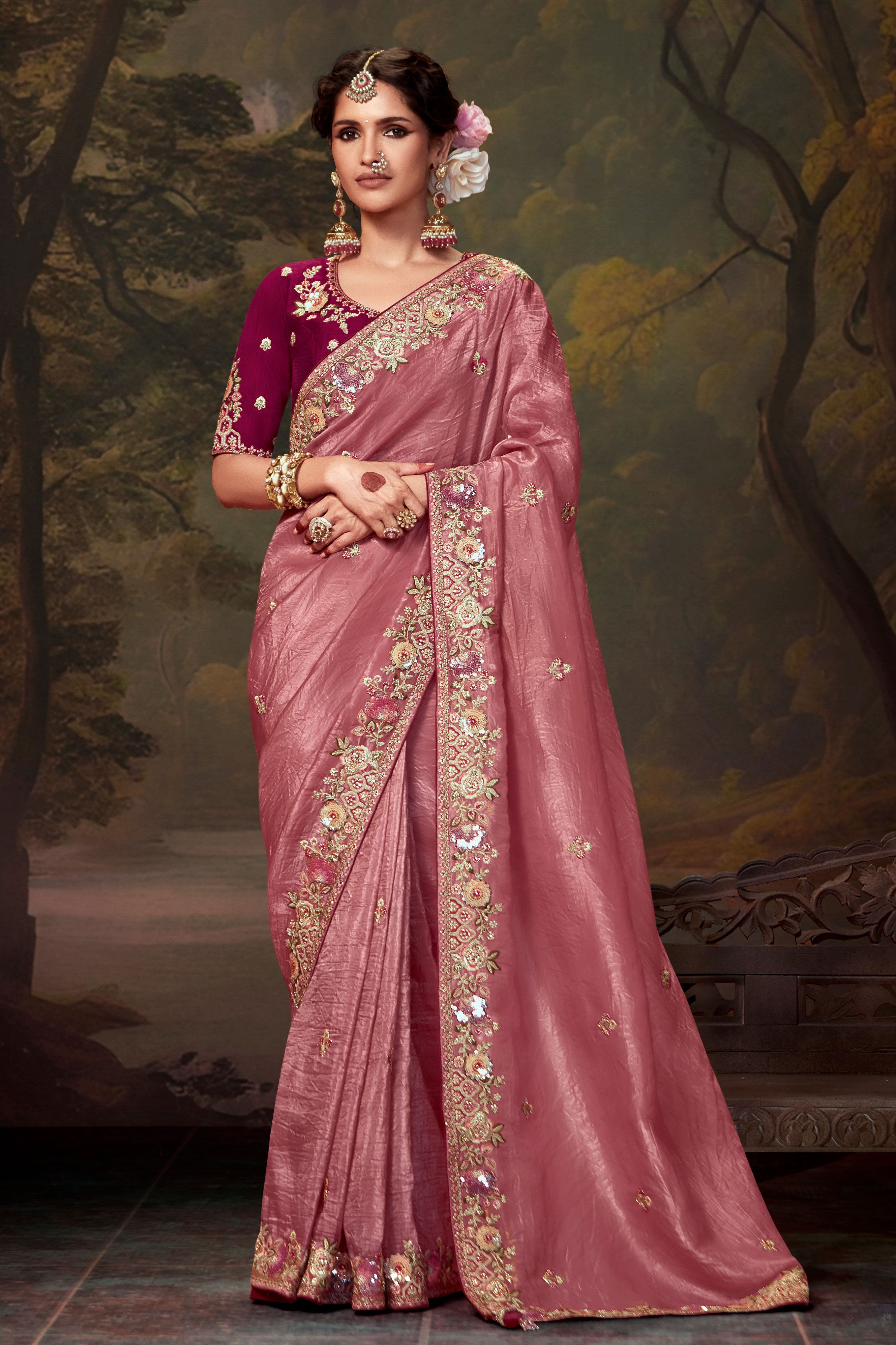 Buta 164 Buy Pink Embroidery Organza Saree zb132750 | Saree Buta