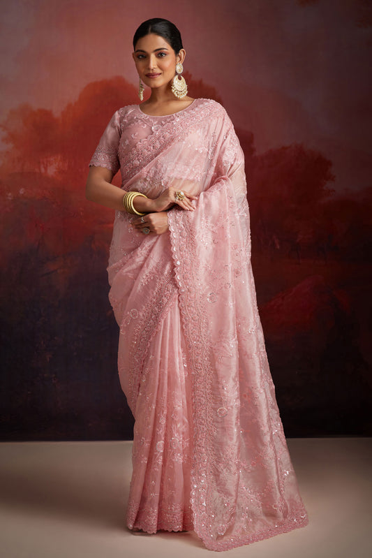 Pink Embroidered Organza Saree