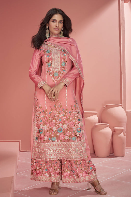 Pink Embroidered Organza Silk Palazzo Suit-ZBSS100071_1