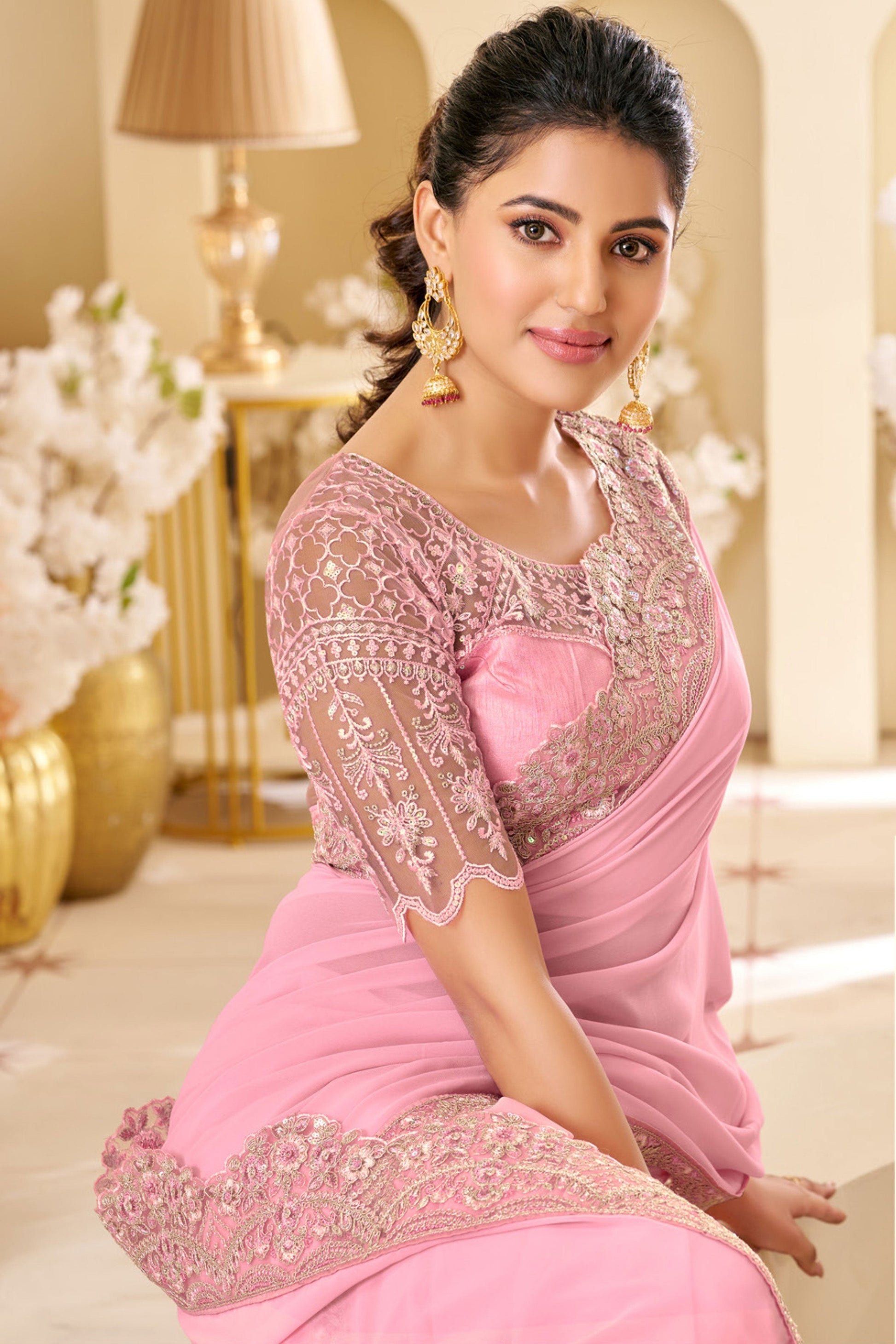 Pink Embroidered Shimmer Georgette Saree-ZB133555_2_SareeButa.com