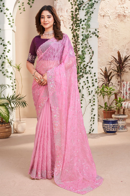 Pink Embroidered Silk Saree-ZB132114_1