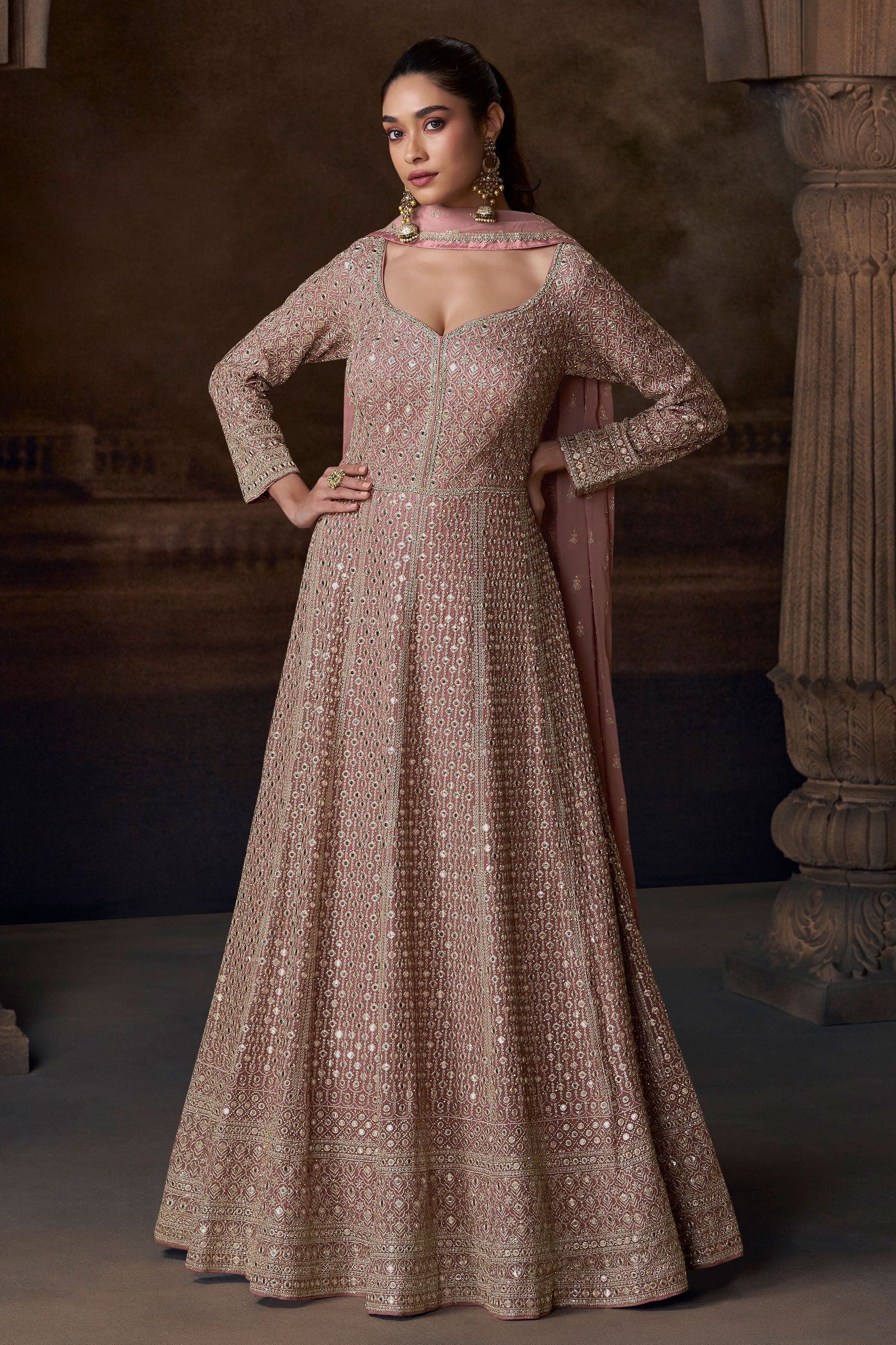 Pink Heavy Work Chinon Silk Gown with Dupatta-SS203_1_SareeButa.com