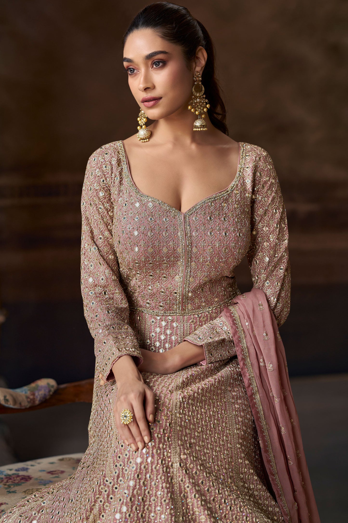 Pink Heavy Work Chinon Silk Gown with Dupatta-SS203_2_SareeButa.com