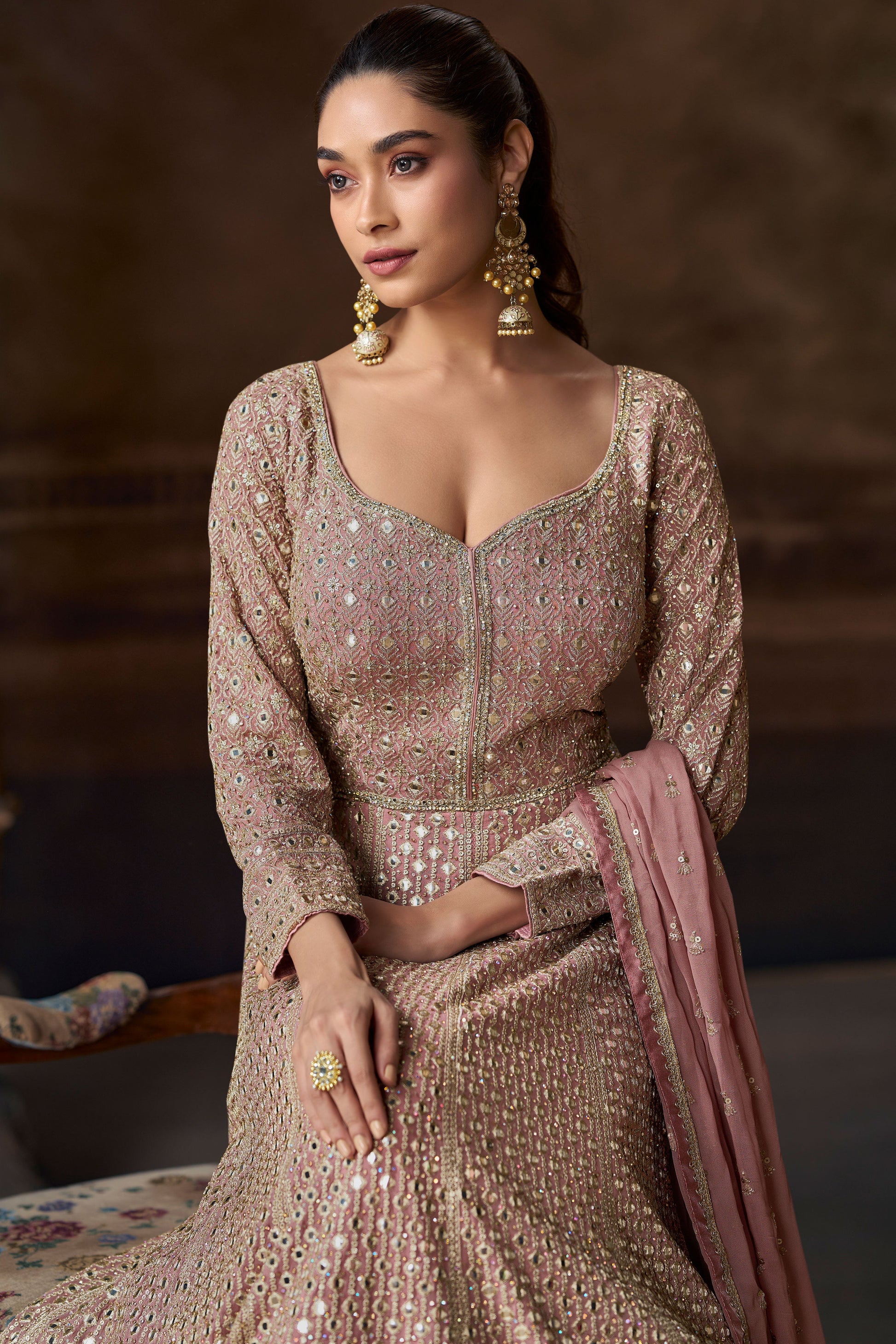 Pink Heavy Work Chinon Silk Gown with Dupatta-SS203_2_SareeButa.com