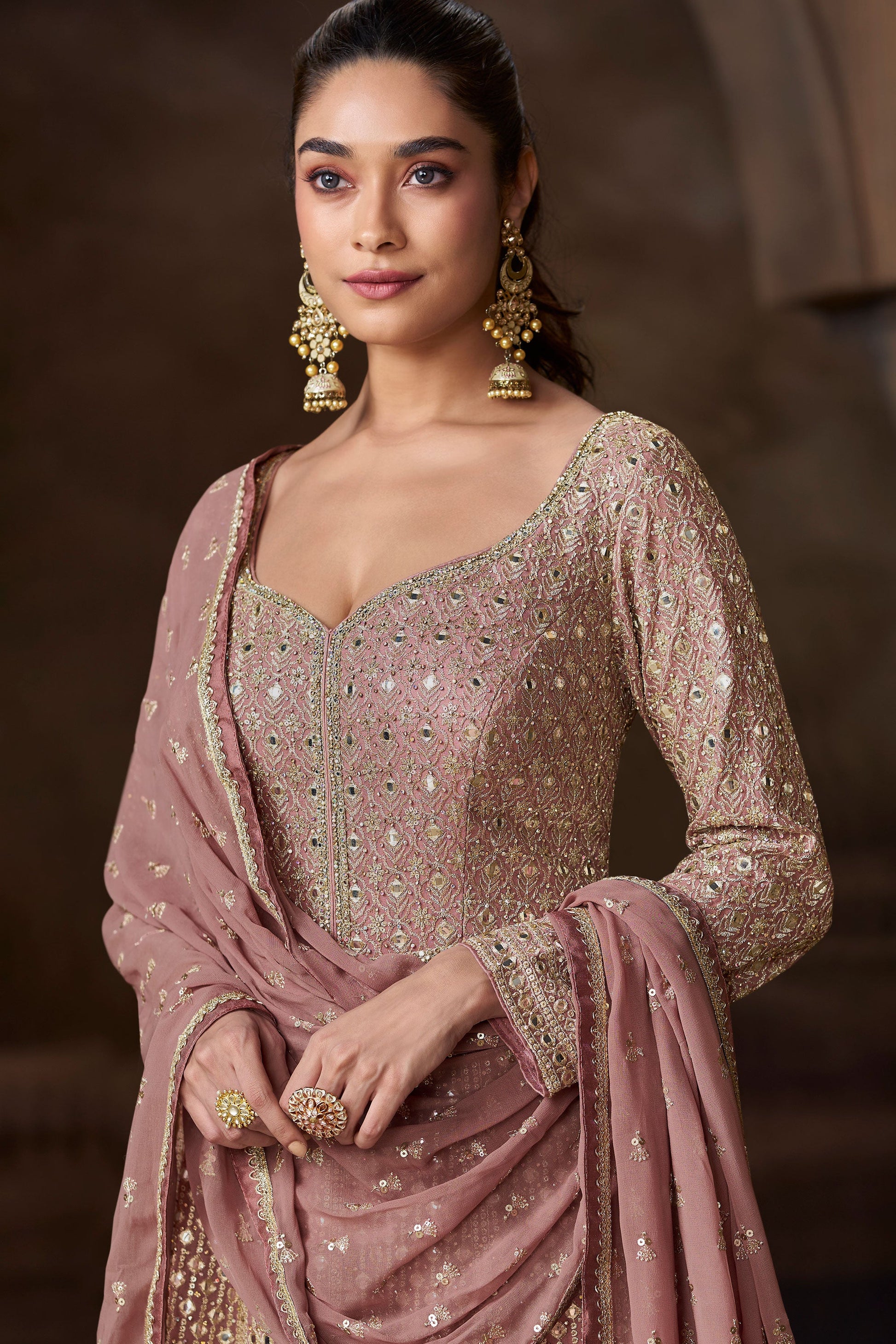 Pink Heavy Work Chinon Silk Gown with Dupatta-SS203_3_SareeButa.com