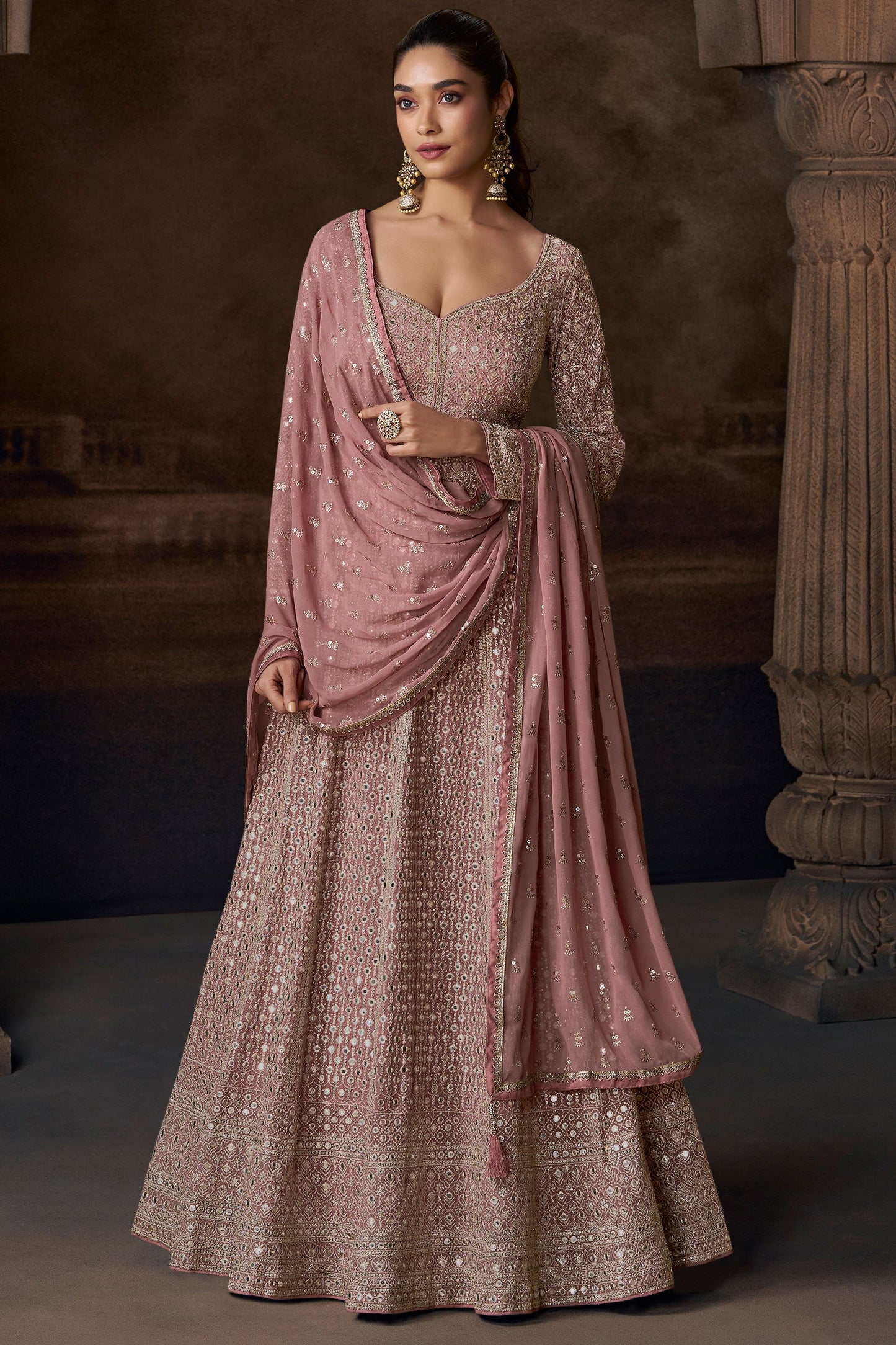 Pink Heavy Work Chinon Silk Gown with Dupatta-SS203_4_SareeButa.com