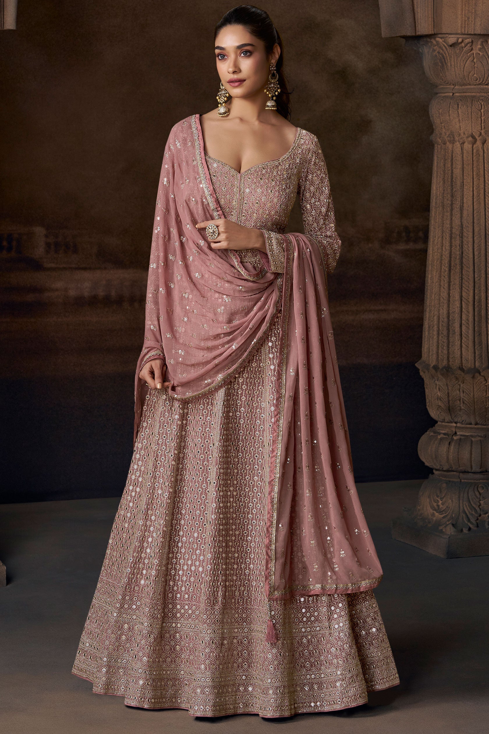 Pink Heavy Work Chinon Silk Gown with Dupatta-SS203_4_SareeButa.com