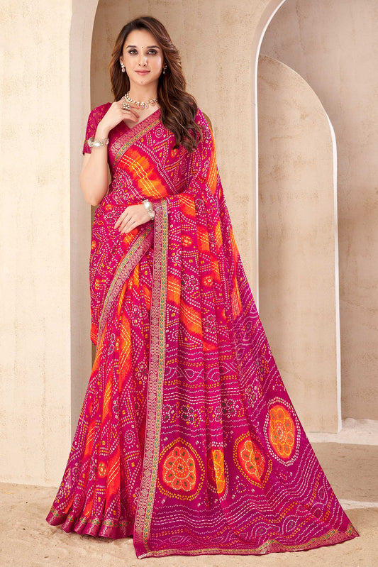 Pink Printed Chiffon Bandhani Saree-ZB134677_1_SareeButa.com