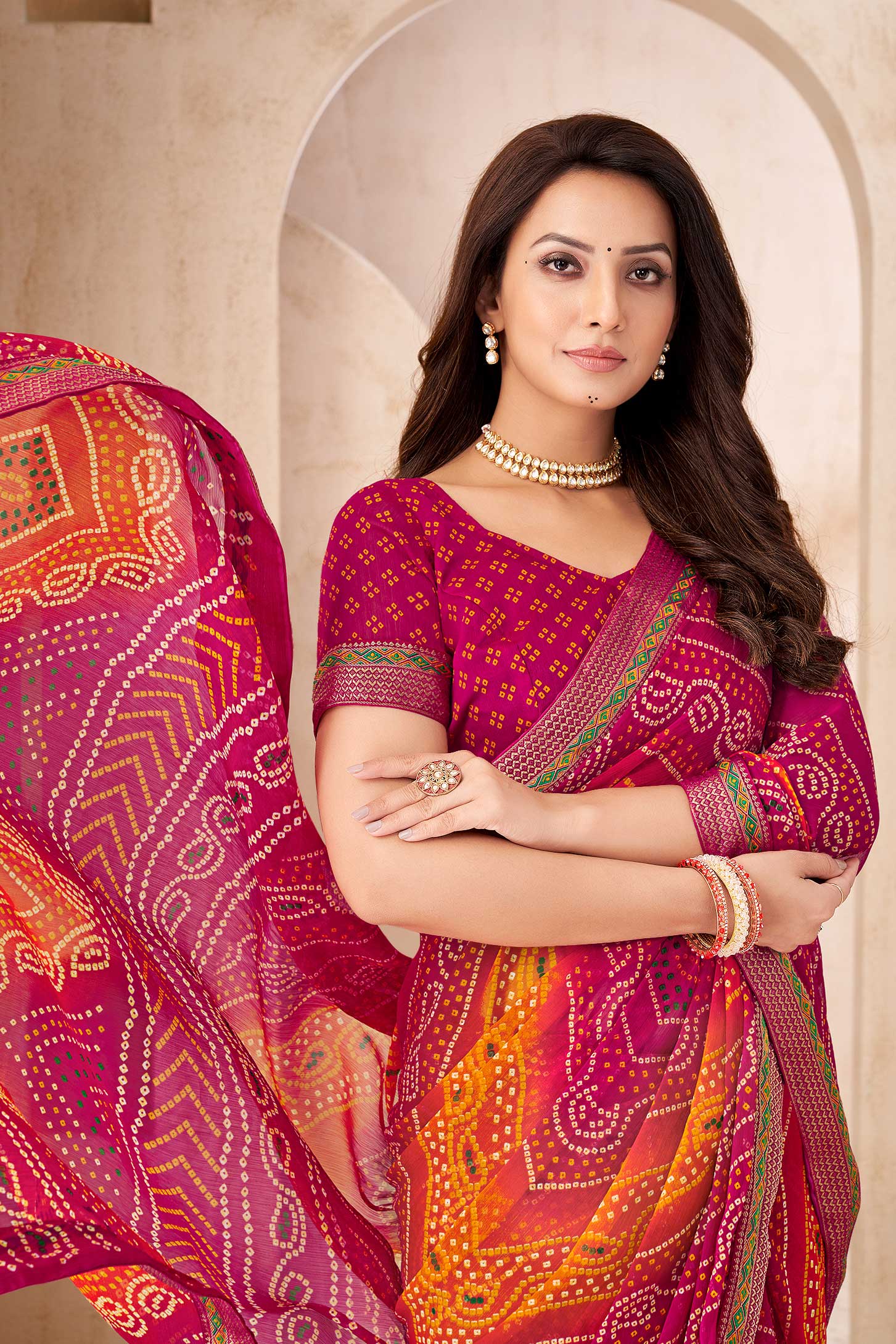 Pink Printed Chiffon Bandhani Saree-ZB134680_2_SareeButa.com