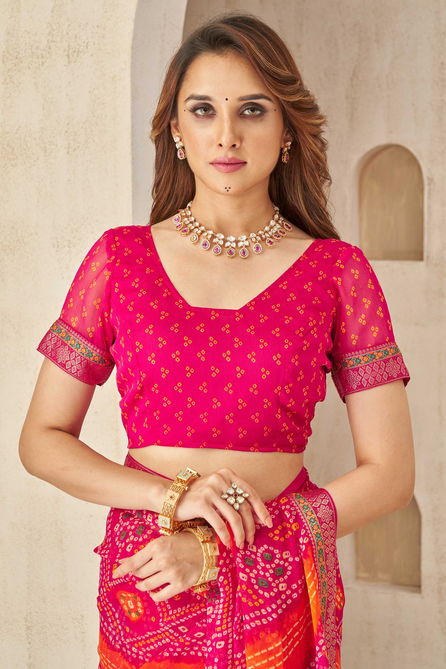 Pink Printed Chiffon Bandhani Saree-ZB134680_3_SareeButa.com