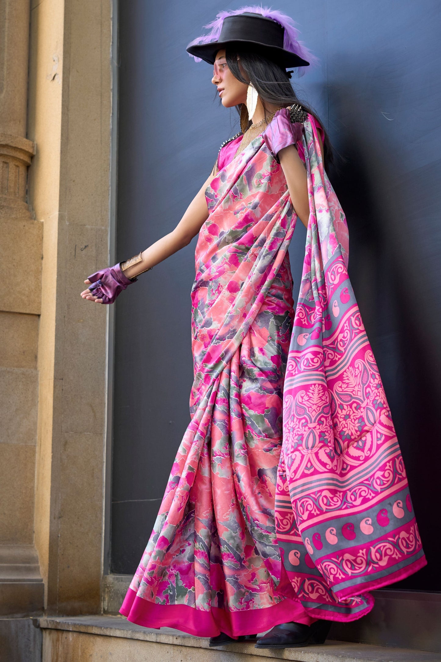 Pink Printed Crepe Saree-ZB133001_2