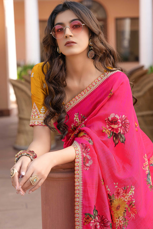 Pink Printed Viscose Silk Saree with Lace Border-ZB134630_2_SareeButa.com