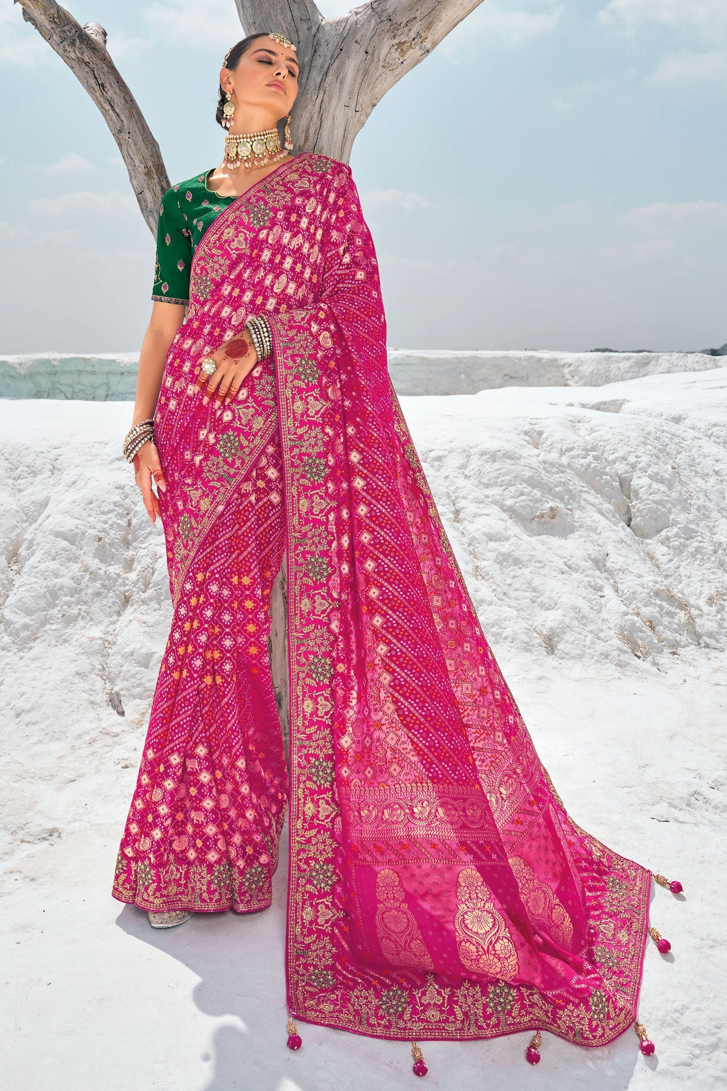 Pink Pure Georgette Patola Bandhani Fusion Saree-ZB133228_1_SareeButa.com