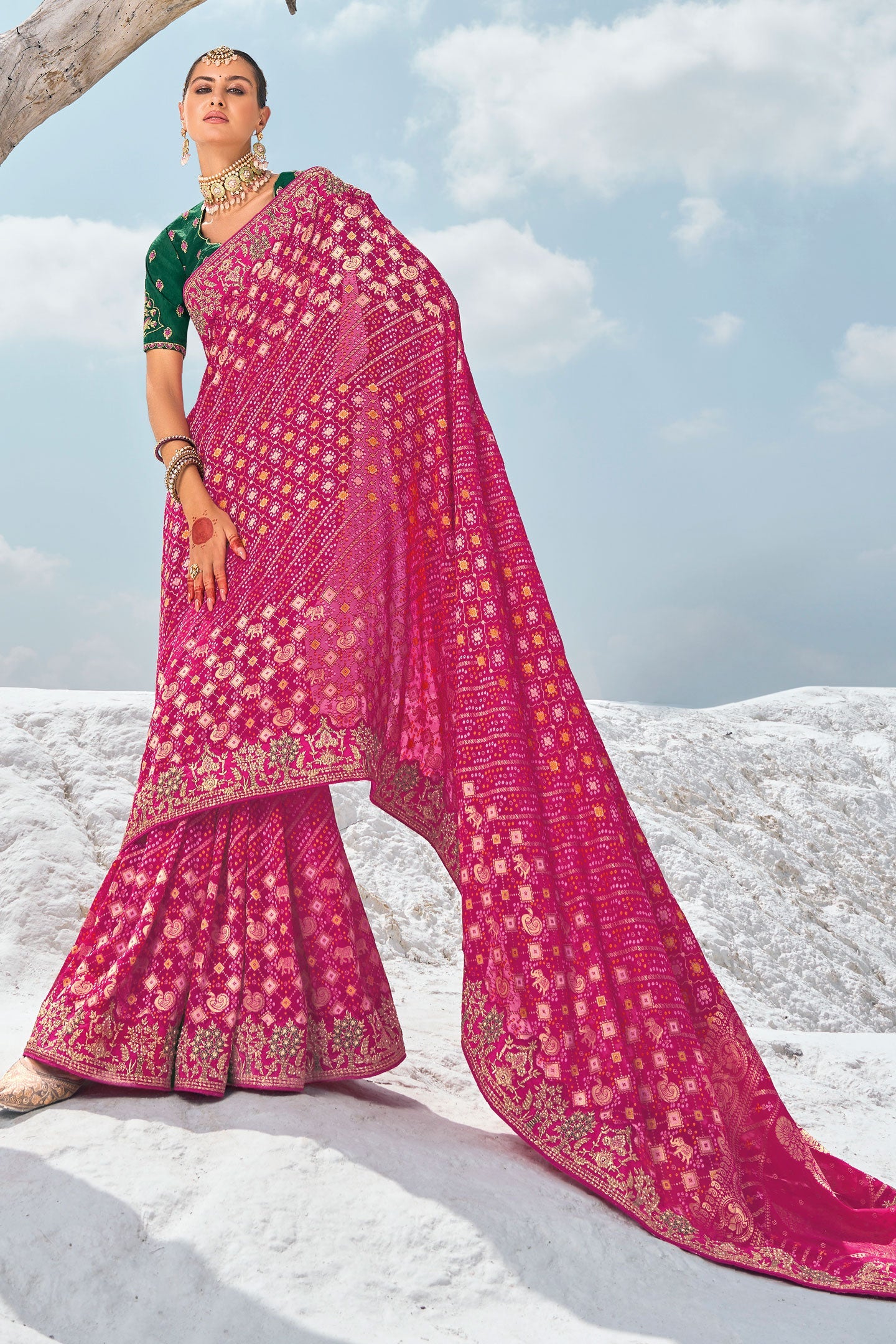 Pink Pure Georgette Patola Bandhani Fusion Saree-ZB133228_3_SareeButa.com