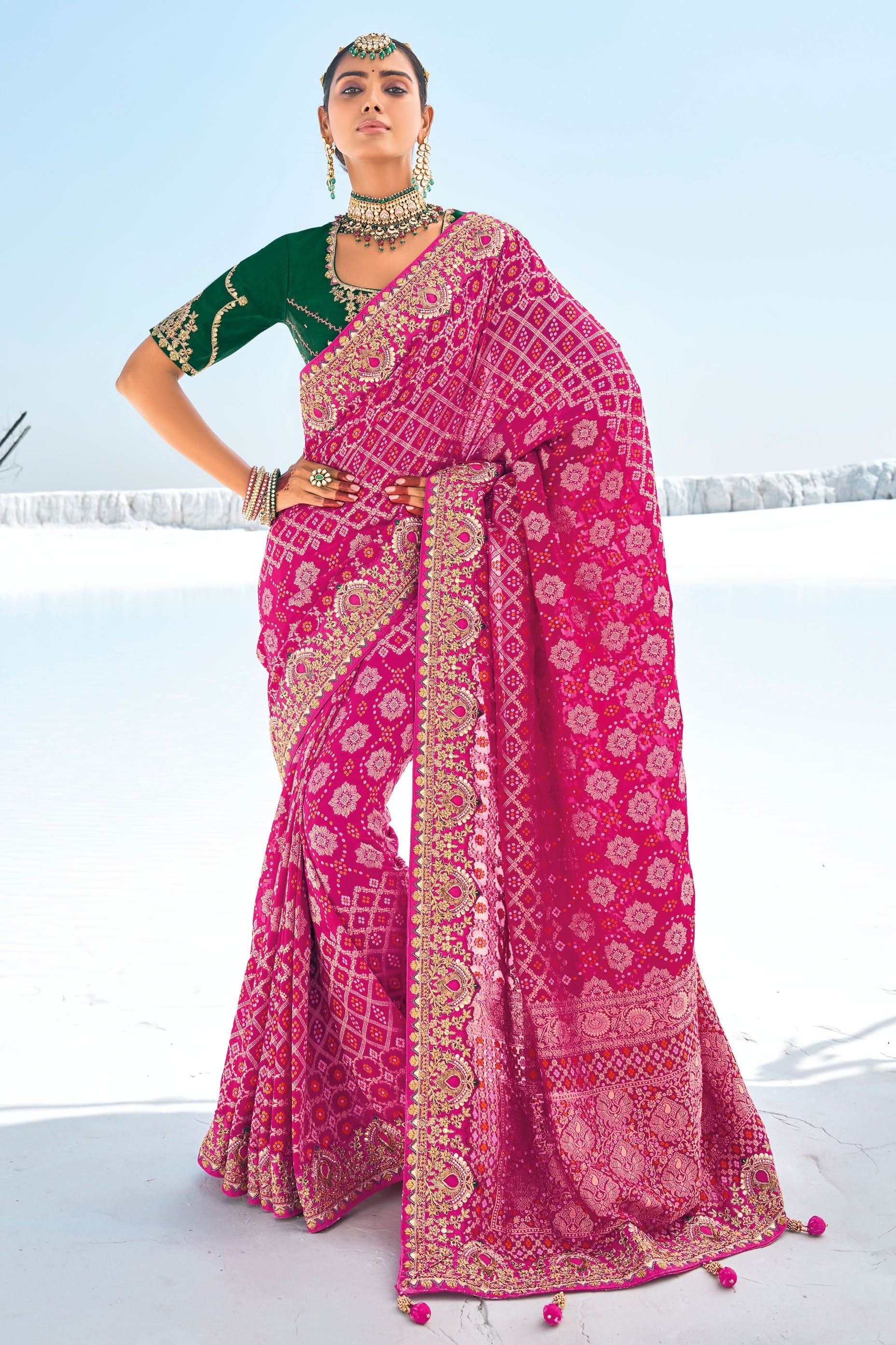 Pink Pure Georgette Patola Bandhani Fusion Saree-ZB133230_1_SareeButa.com