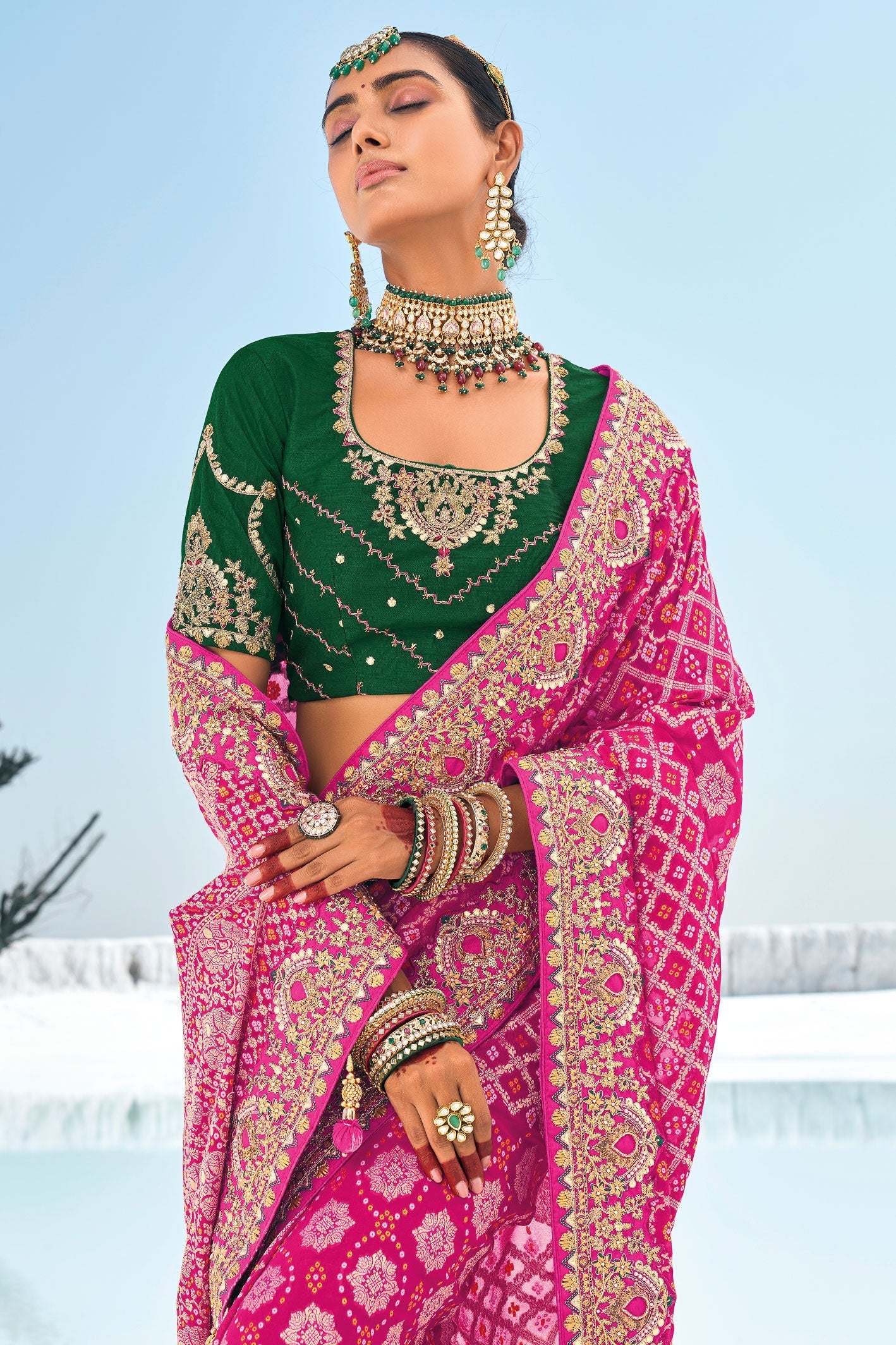 Pink Pure Georgette Patola Bandhani Fusion Saree-ZB133230_2_SareeButa.com